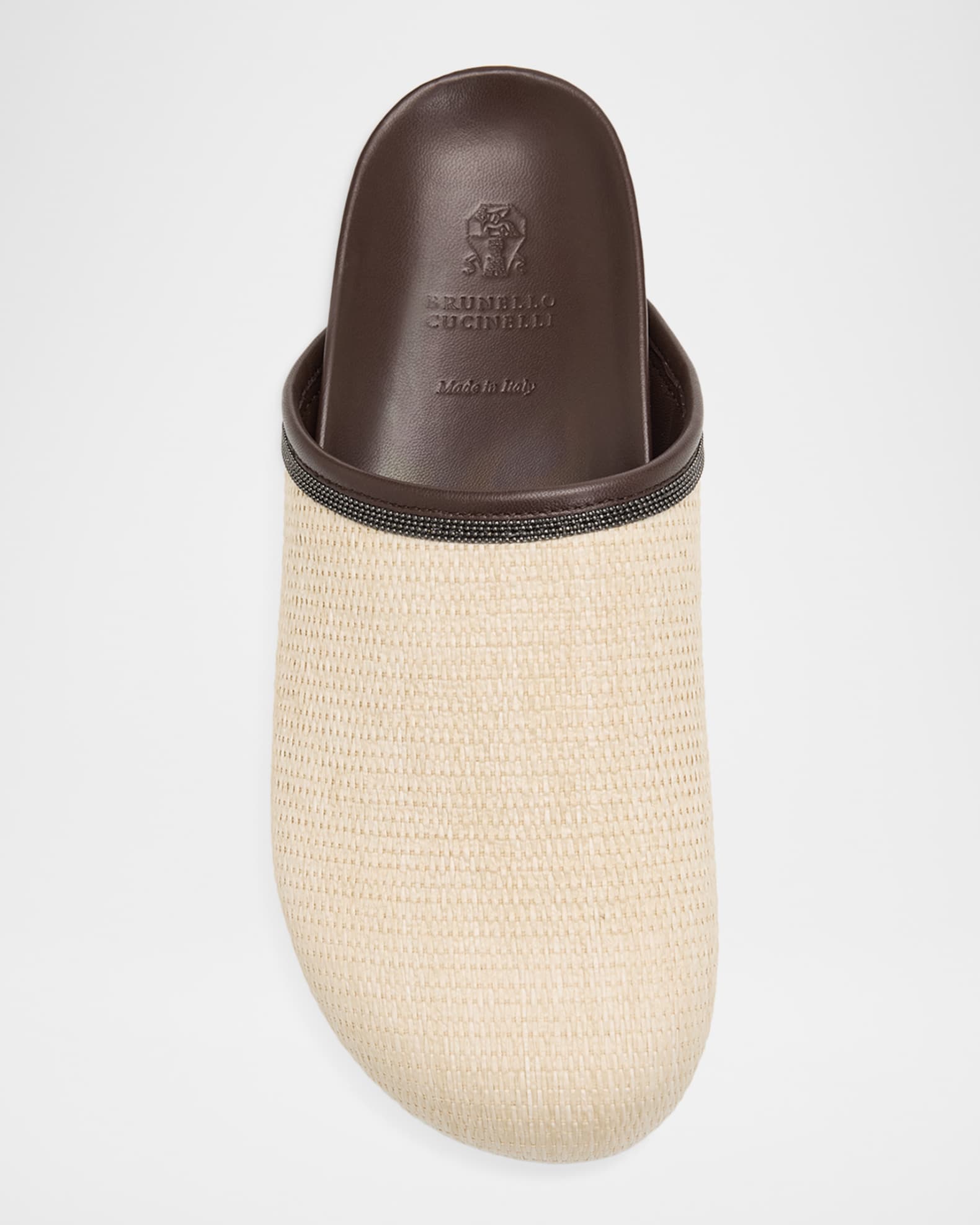 Brunello Cucinelli Monili Leather-Trimmed Raffia Mules | Neiman Marcus