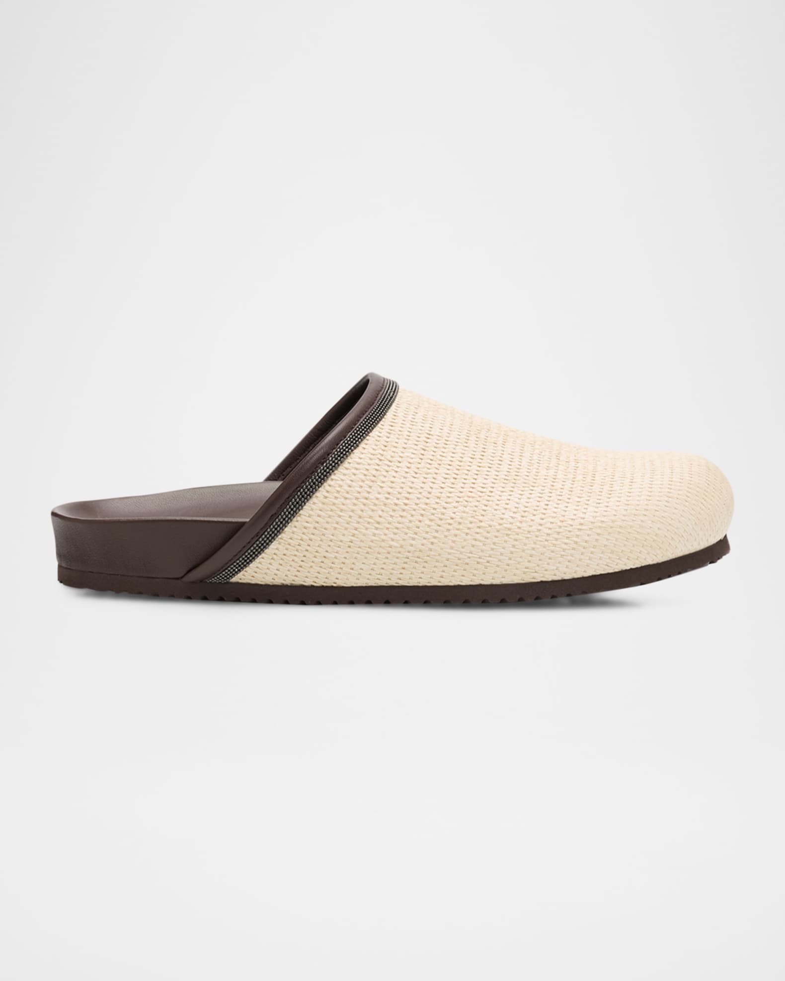 Brunello Cucinelli Monili Leather-Trimmed Raffia Mules | Neiman Marcus