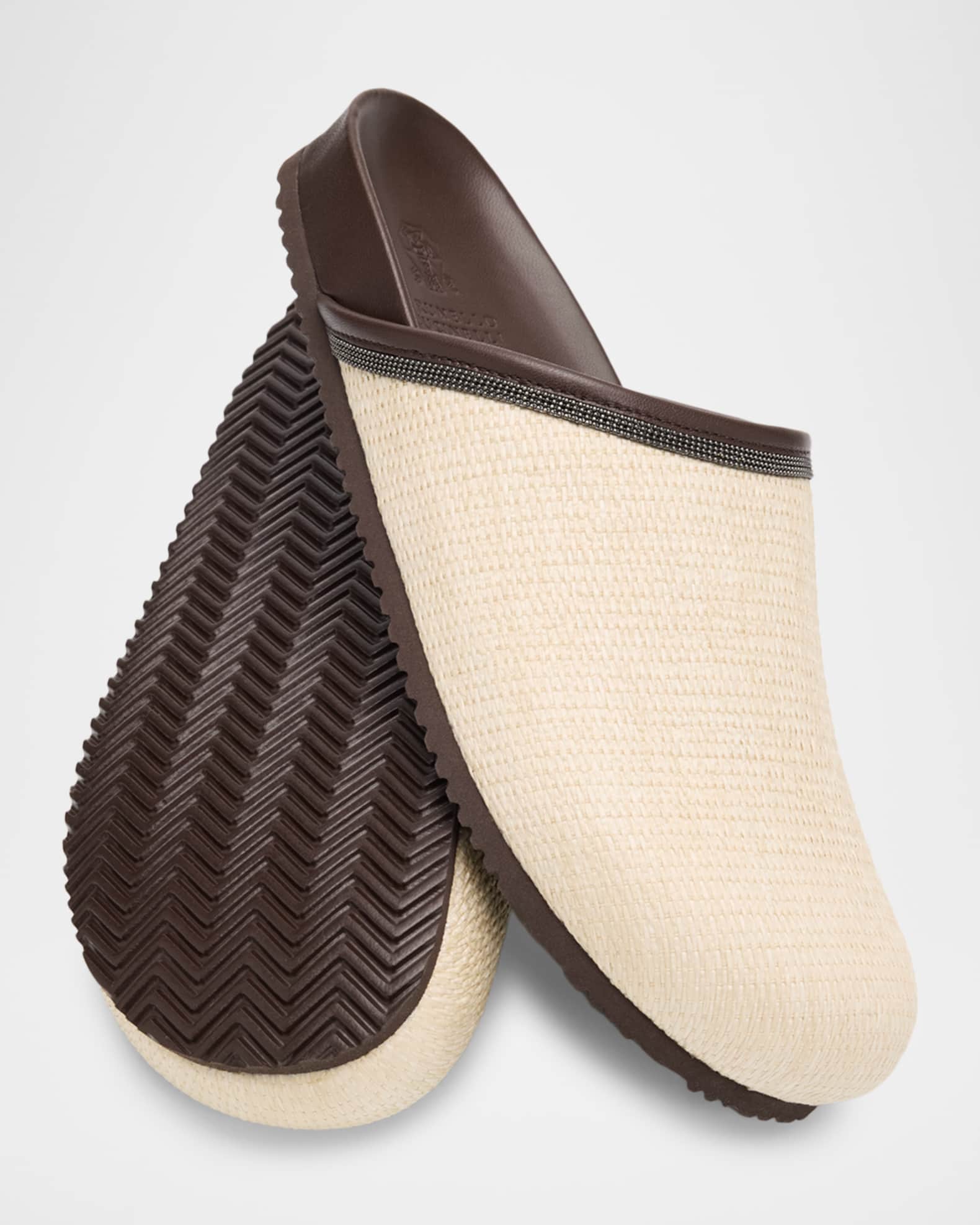Brunello Cucinelli Monili Leather-Trimmed Raffia Mules | Neiman Marcus
