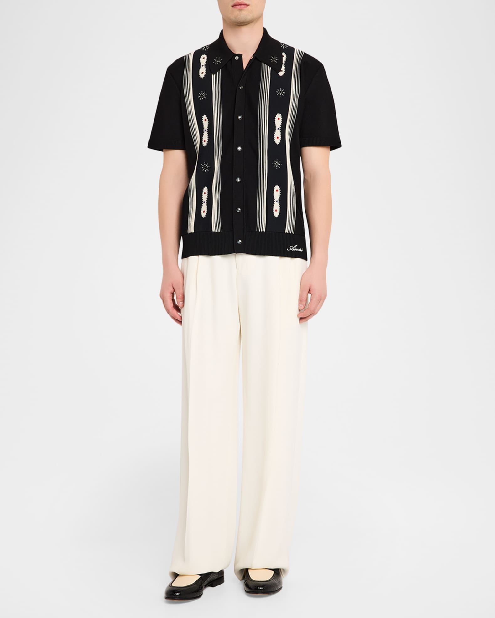 Amiri Men's Studded Stripe Wool Knit Short-Sleeve Shirt | Neiman