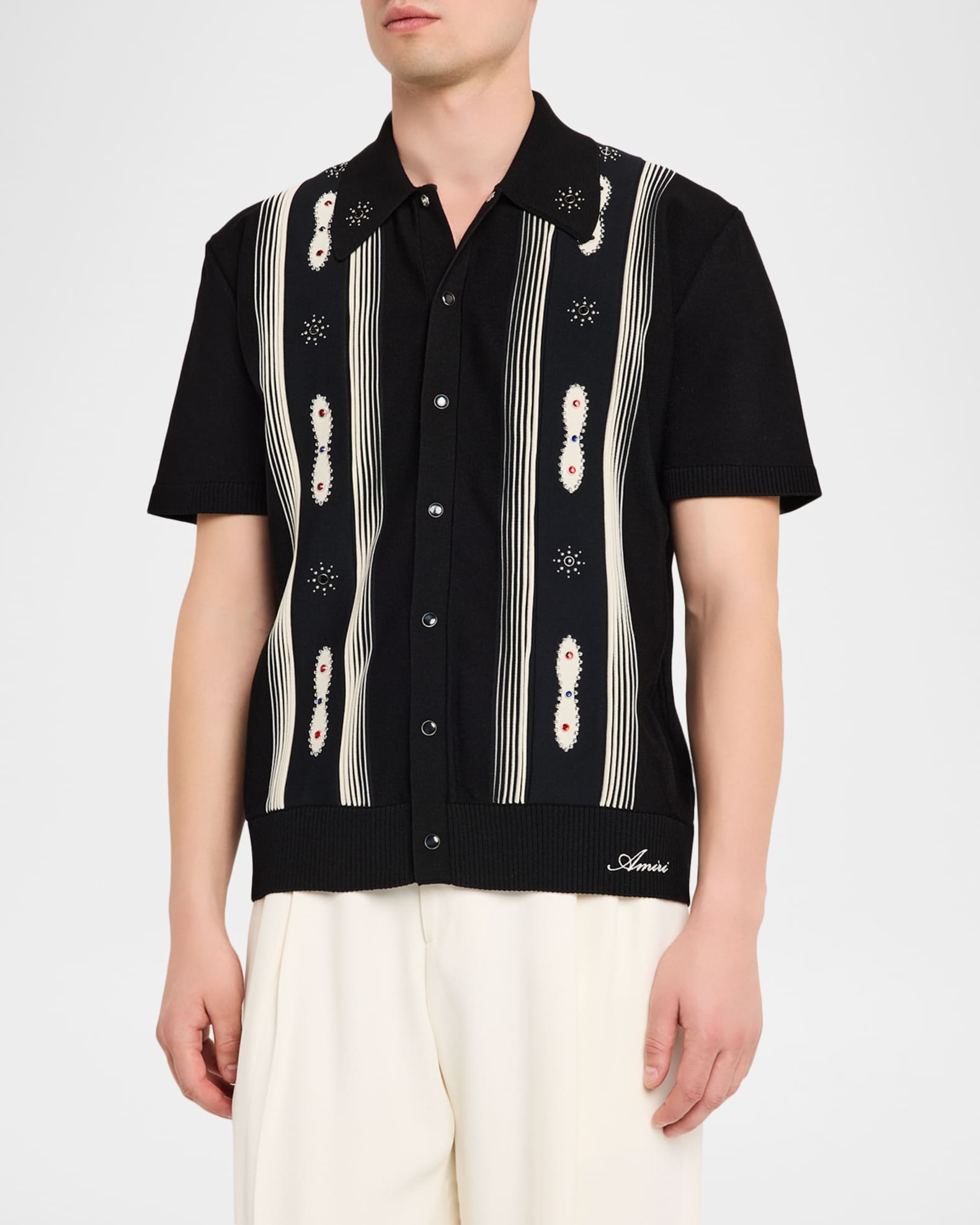 Amiri Men's Studded Stripe Wool Knit Short-Sleeve Shirt | Neiman