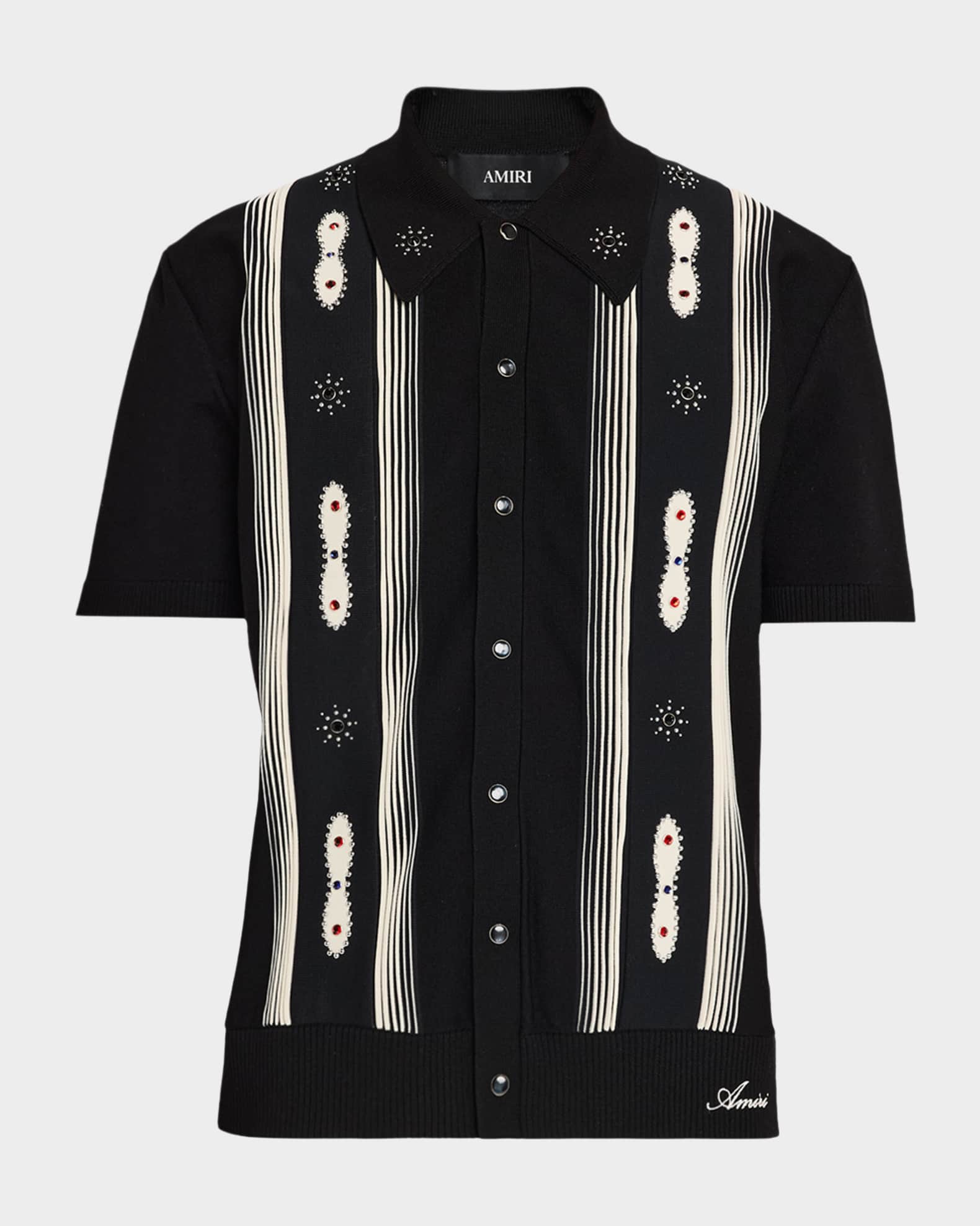 Amiri Men's Studded Stripe Wool Knit Short-Sleeve Shirt | Neiman