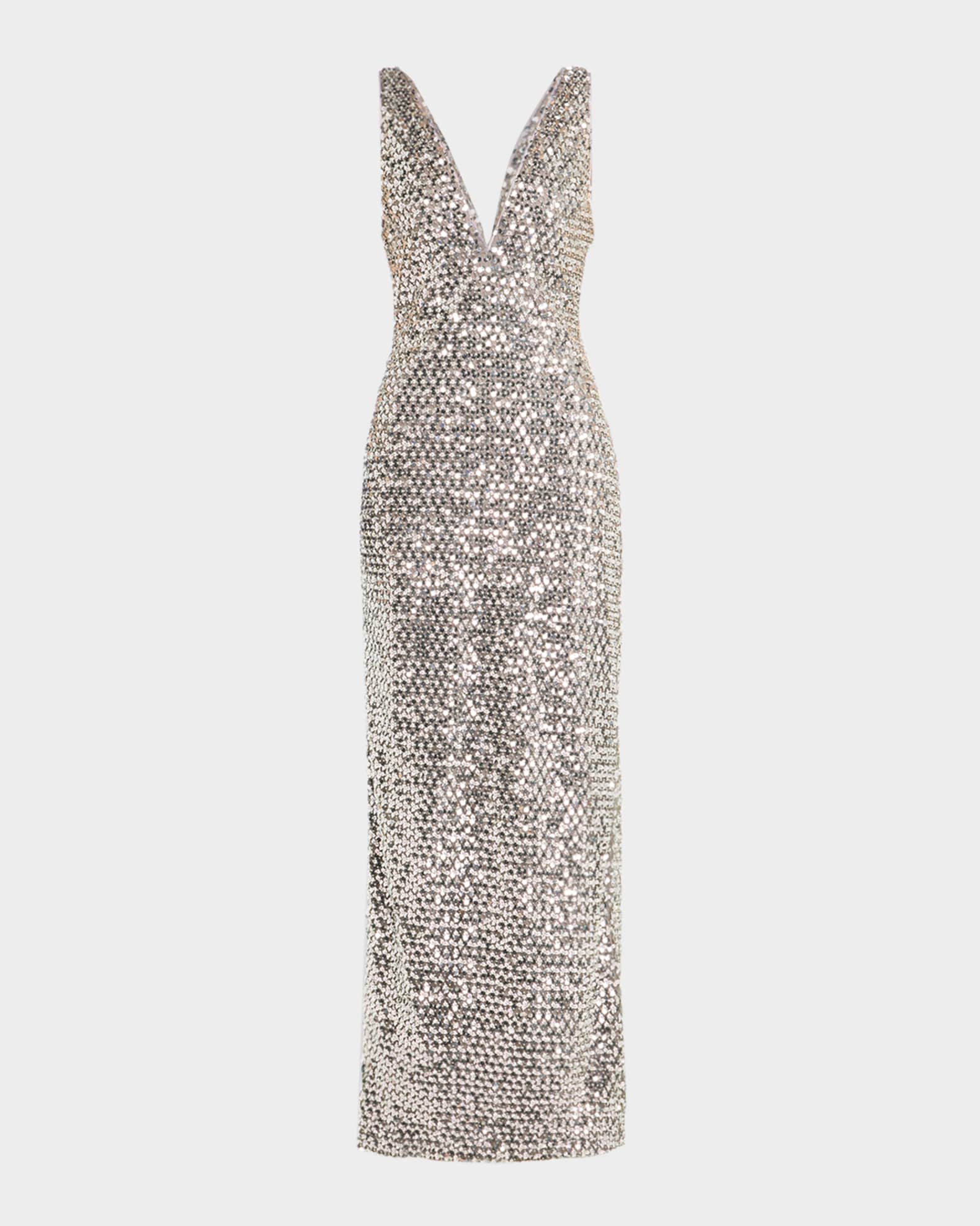 neiman marcus sequin dress Ellie Deep V-Neck Bead & Sequin Column Gown