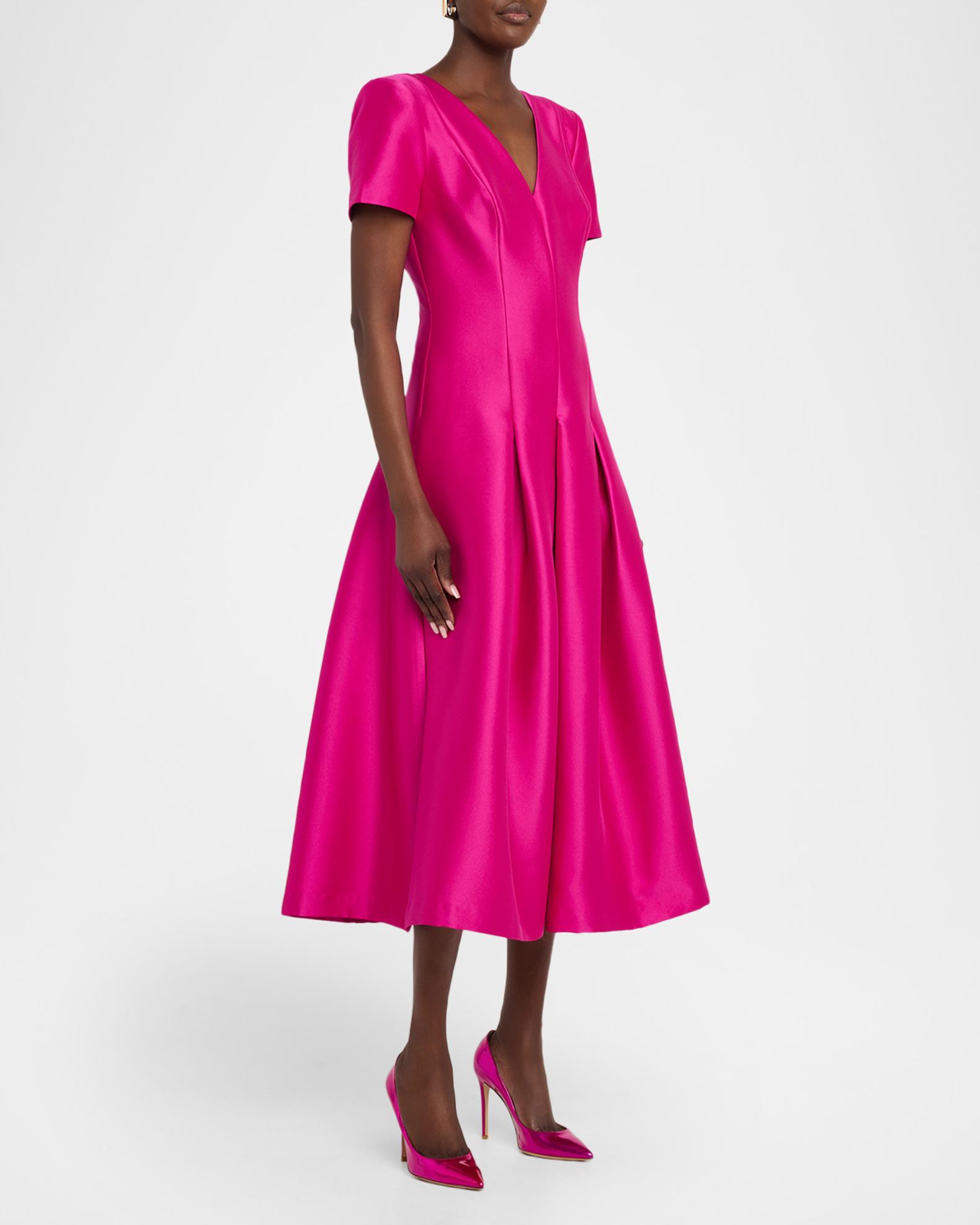 badgley mischka gold pleated midi dress Badgley Mischka Stretch Crepe Belted V-Neck Midi-Dress