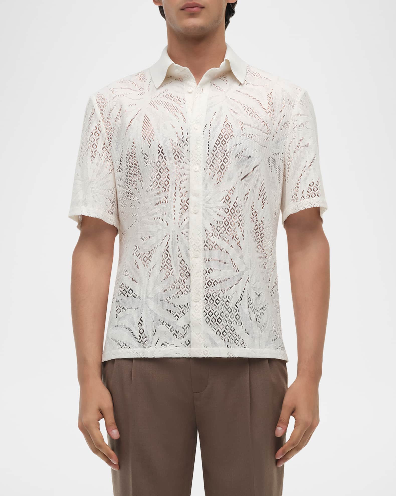 chinese dress ladies Floral Pattern Lace Lapel Men’s Shirt, White / S (Bust 100 cm) main image 1