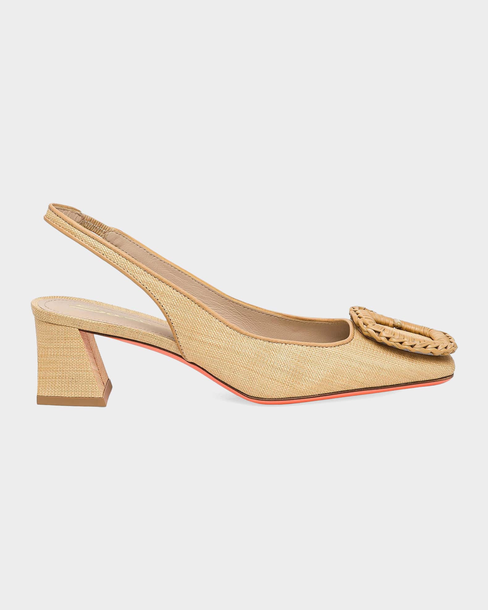 Santoni 50mm Lemon Raffia and Leather Slingback Pumps | Neiman Marcus