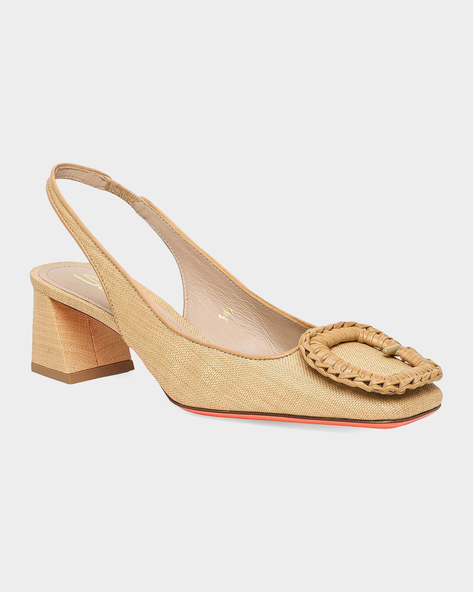 Santoni 50mm Lemon Raffia and Leather Slingback Pumps | Neiman Marcus