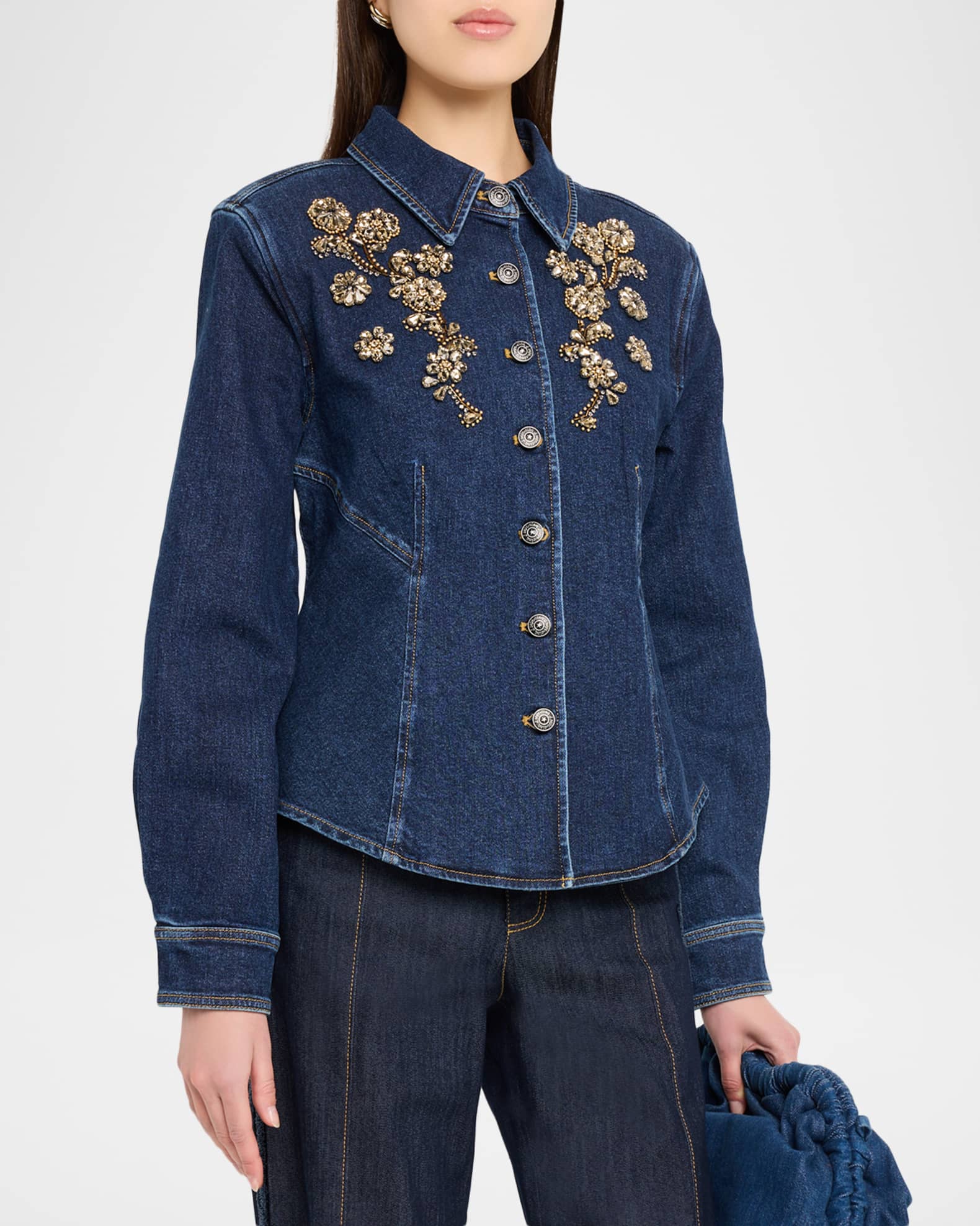 Cinq a Sept Crystal Ivy Embellished Denim Shirt | Neiman Marcus