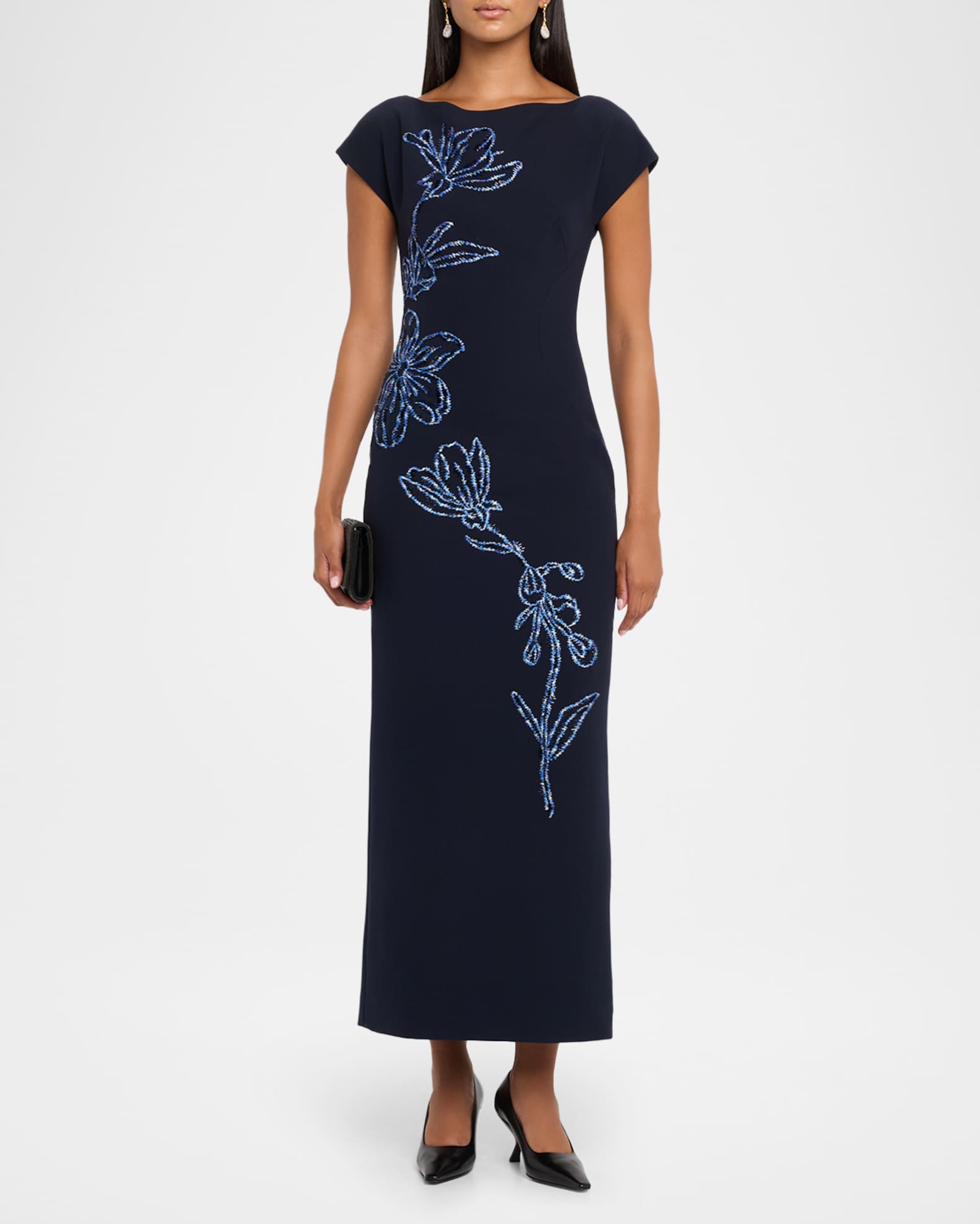 Lela Rose Flower Embroidered Fluid Crepe Maxi Dress | Neiman Marcus