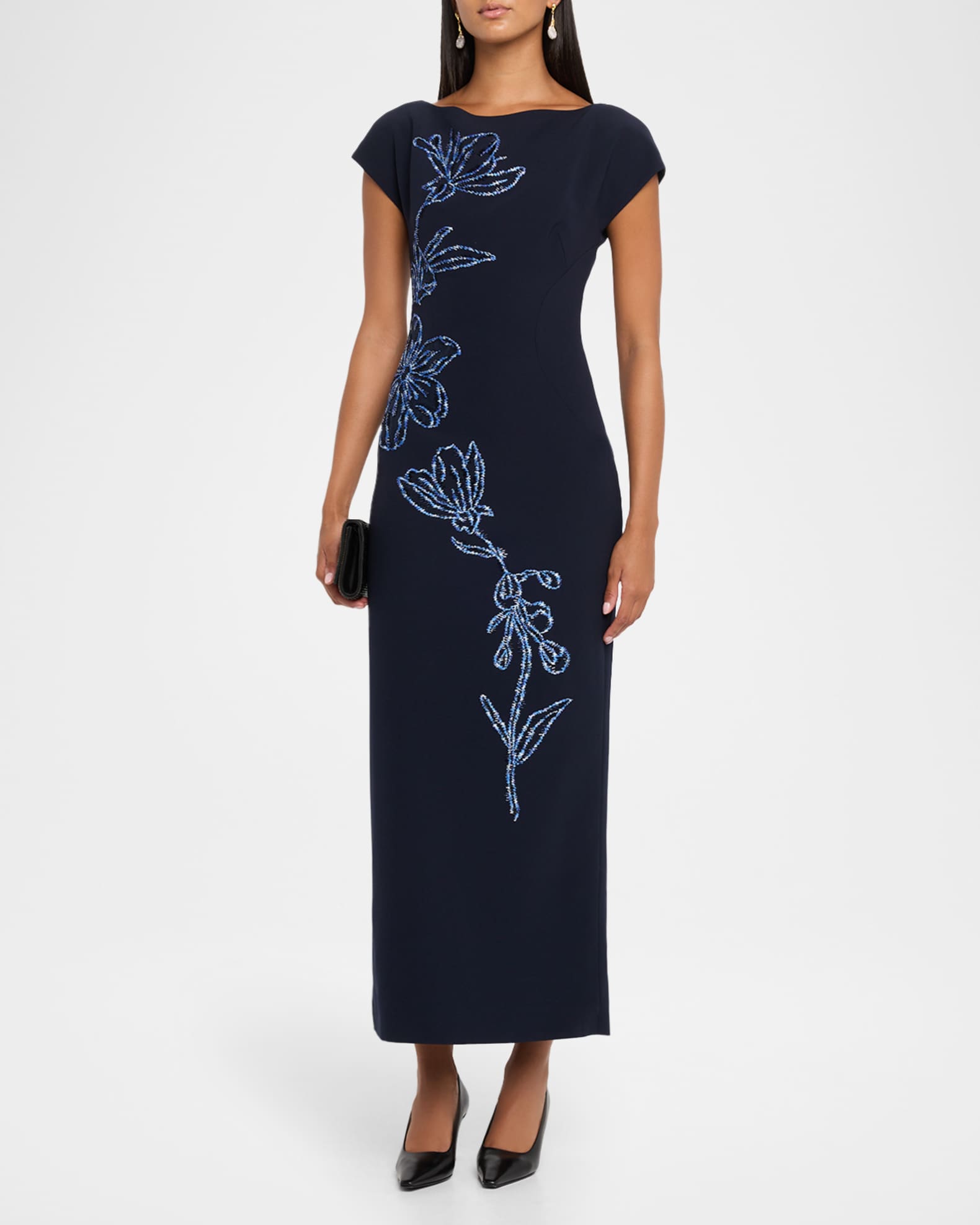 Lela Rose Ikat Floral Embroidered Fluid Crepe Dress - Blue