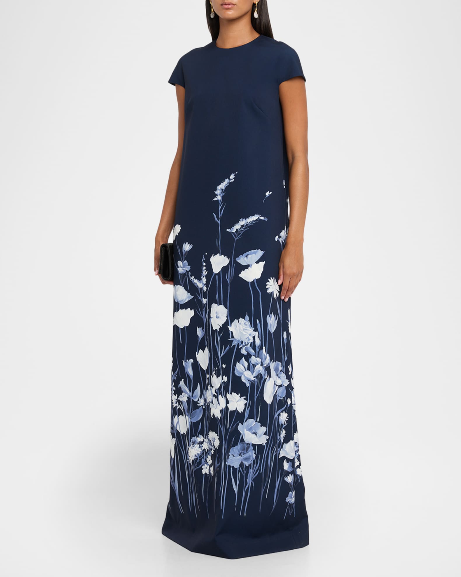 Lela Rose Floral Crepe Short-Sleeve A-Line Gown | Neiman Marcus
