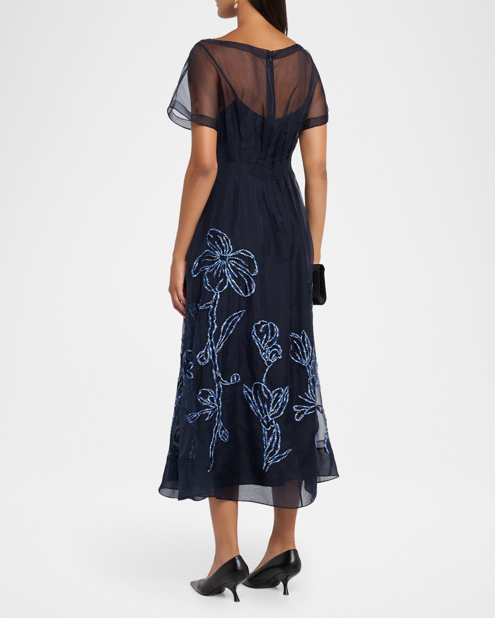 Lela Rose Ikat Floral Embroidered Organza Midi Dress | Neiman Marcus