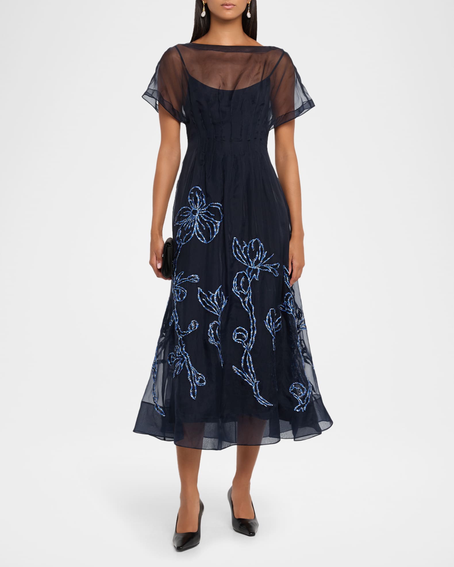 Lela Rose Ikat Floral Embroidered Organza Midi Dress | Neiman Marcus