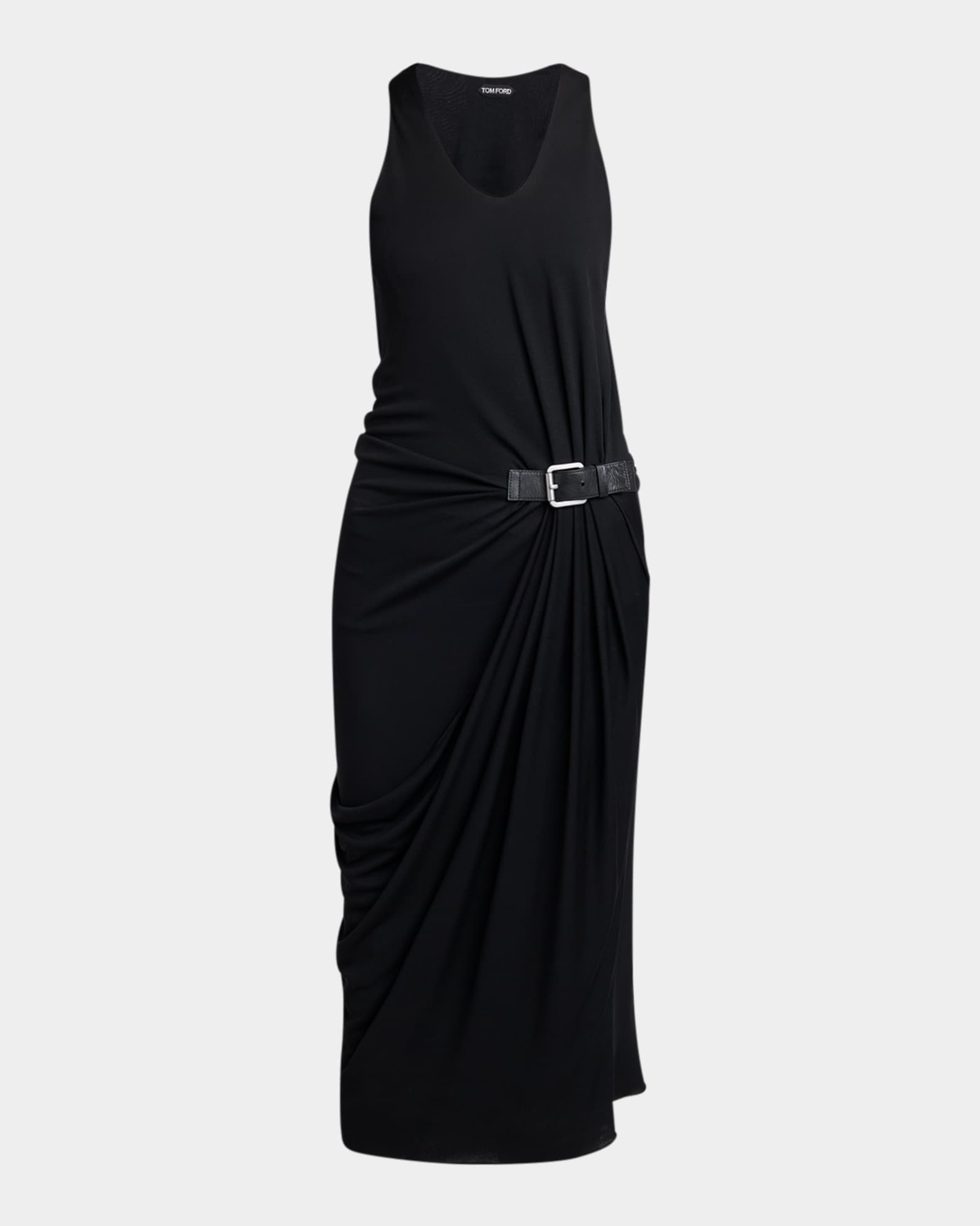 Tom Ford Buckle Gathered Crepe Jersey Sleeveless Midi Dress, Black, Women's, 40, Casual & Work Dresses Jersey Dresses
