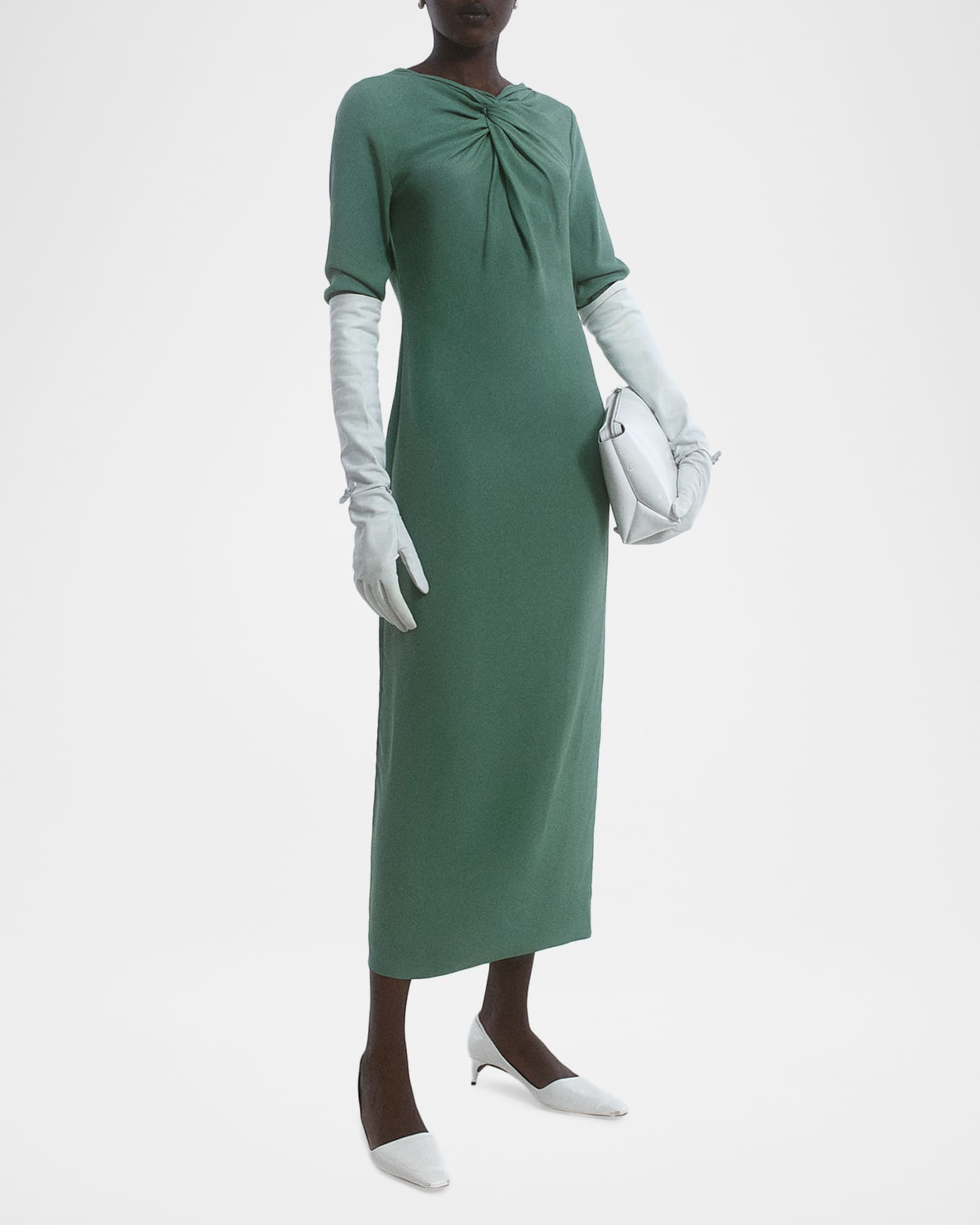 Bernadette Lauren Twisted V-Neck Long-Sleeve Midi Dress, Sage Green, Women's, 40, Cocktail & Party Wedding Guest Dresses Long-Sleeve Dresses
