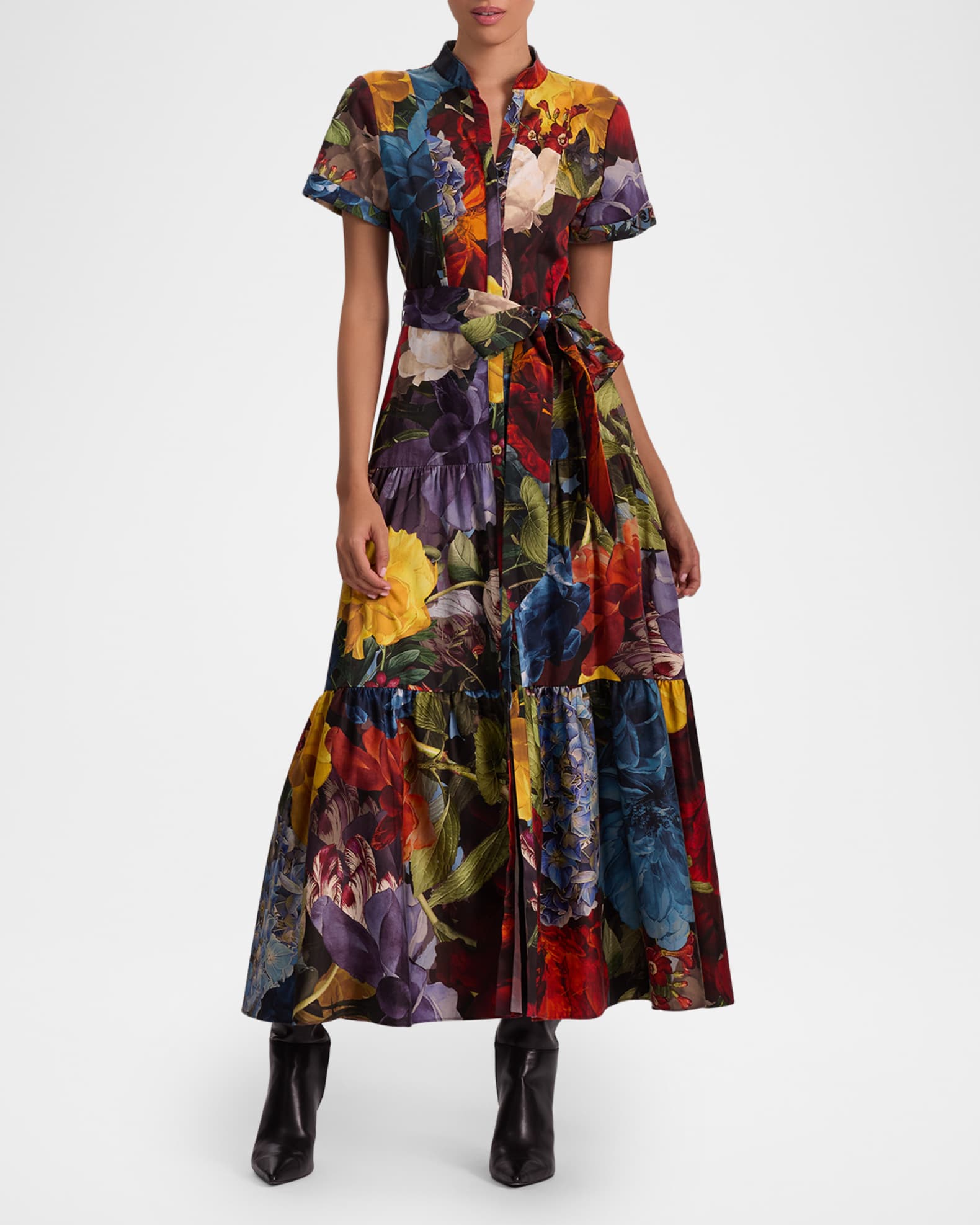 ALICE + OLIVIA Flourish Lucy Roll-Sleeve Midi Dress | Neiman Marcus