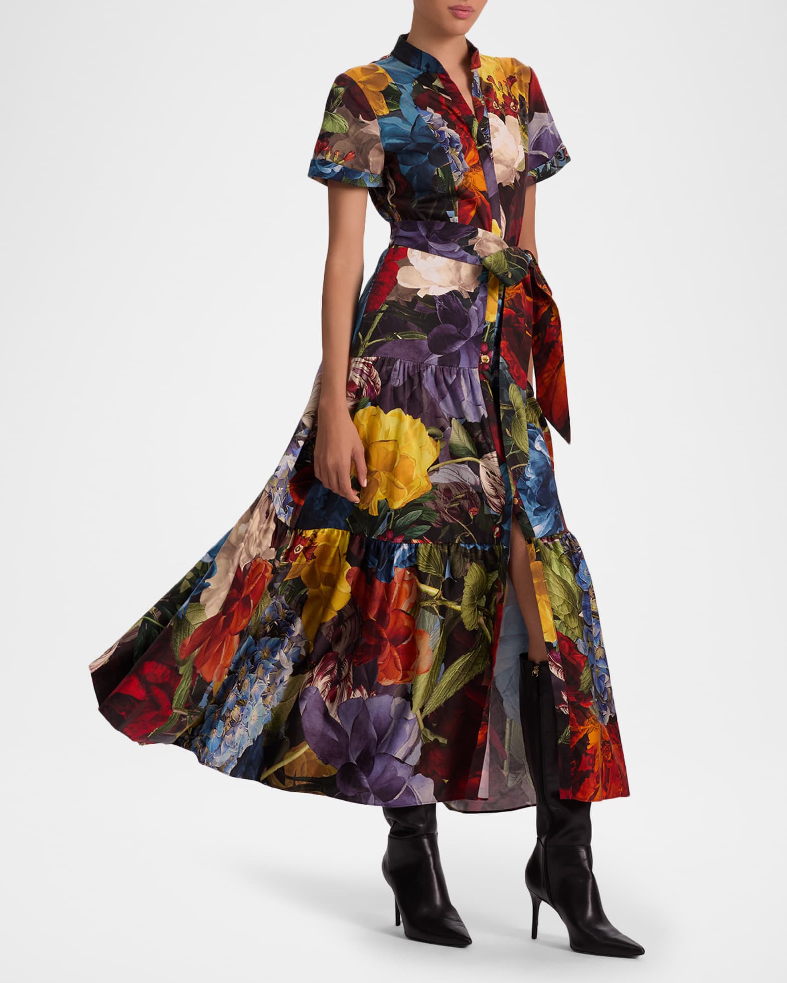 ALICE + OLIVIA Flourish Lucy Roll-Sleeve Midi Dress | Neiman Marcus