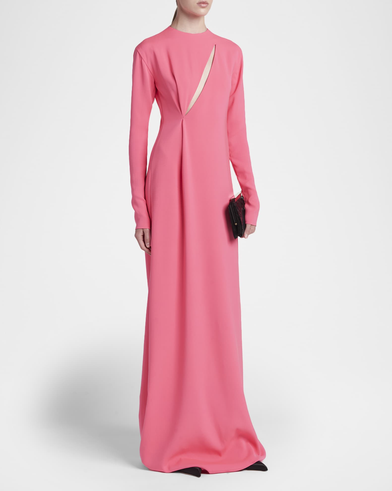 Tom Ford Slash Cutout Long-Sleeve Double Georgette Gown, Bright Fuxia, Women's, 42, Long-Sleeve Gowns