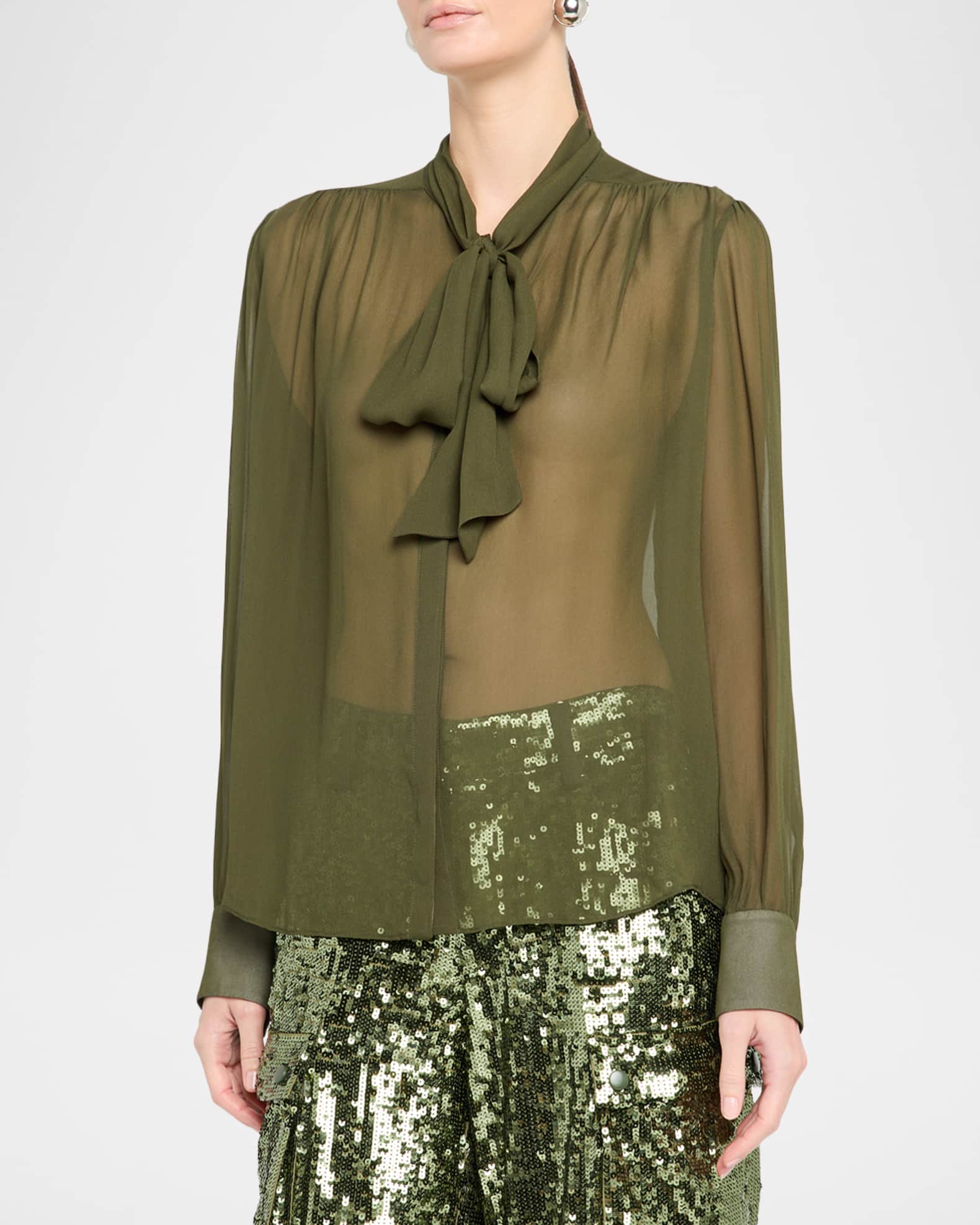 ALICE + OLIVIA Thayer Tie-Neck Sheer Blouse | Neiman Marcus