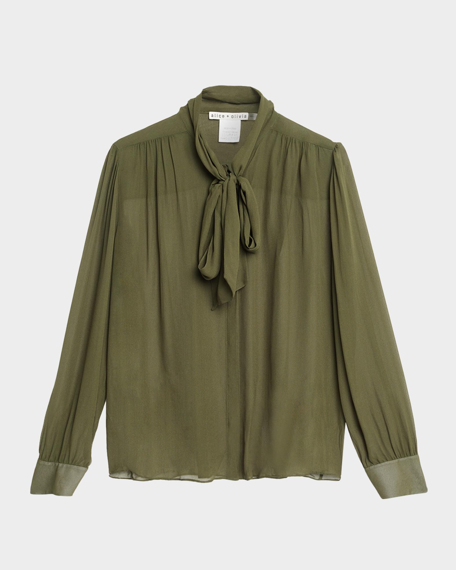 rokh】moss-GREEN sheer tie neck shirt 【公式通販】