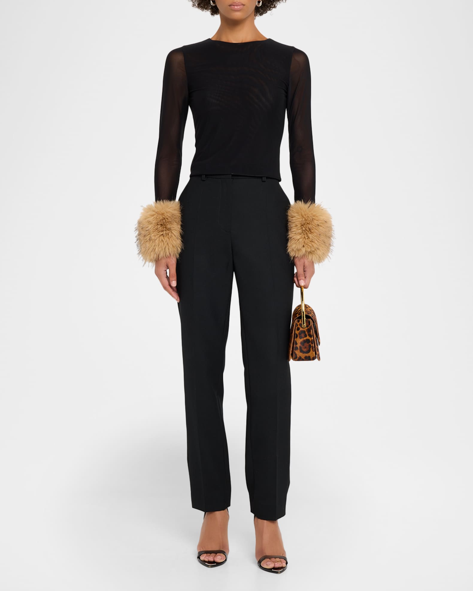 稀少alice+olivia長袖トップスフォックスファー取外し可能2WAY Alice + Olivia Delaina Mesh Top with Faux Fur Cuffs | Neiman Marcus