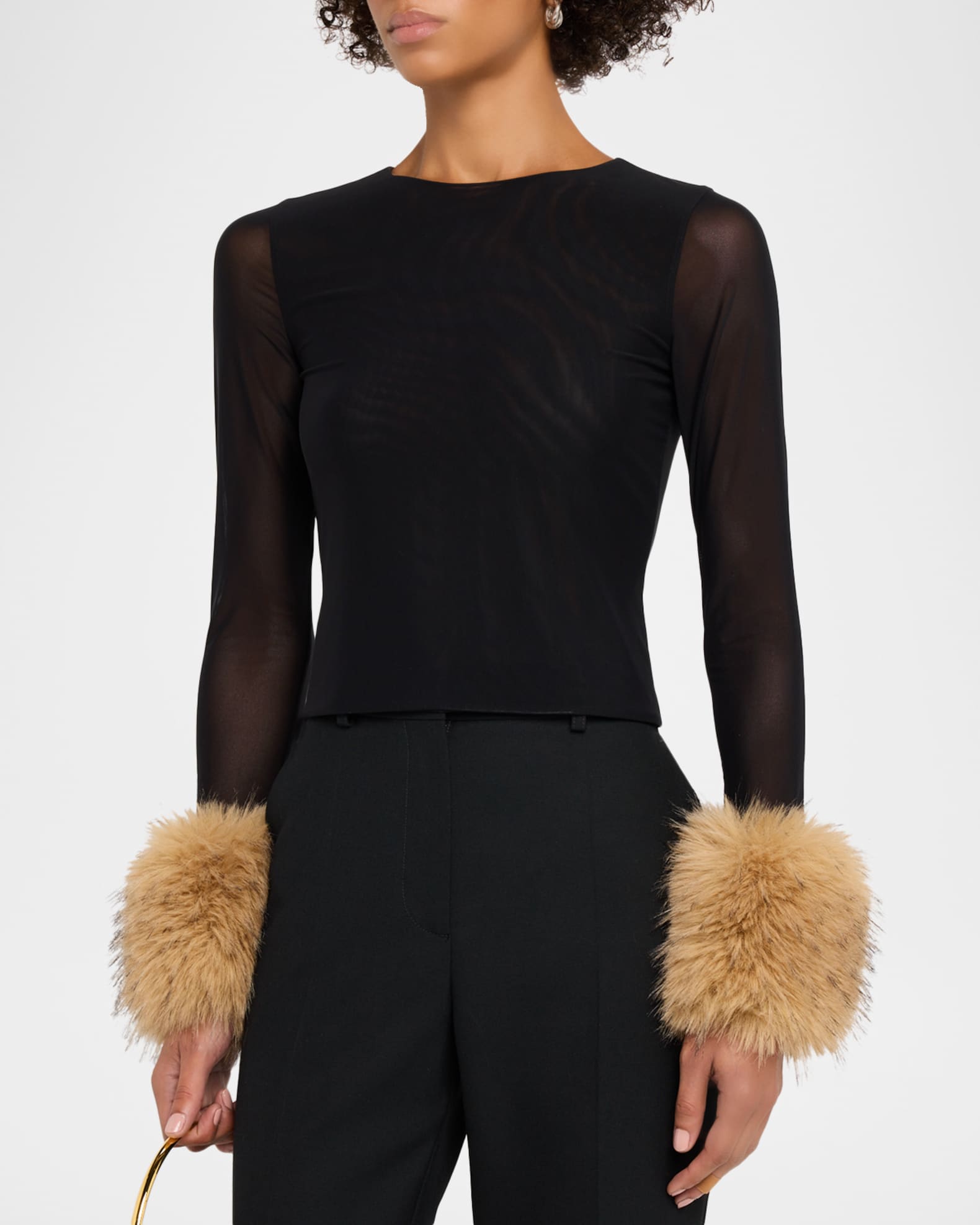 ALICE + OLIVIA Delaina Mesh Top with Faux Fur Cuffs | Neiman Marcus