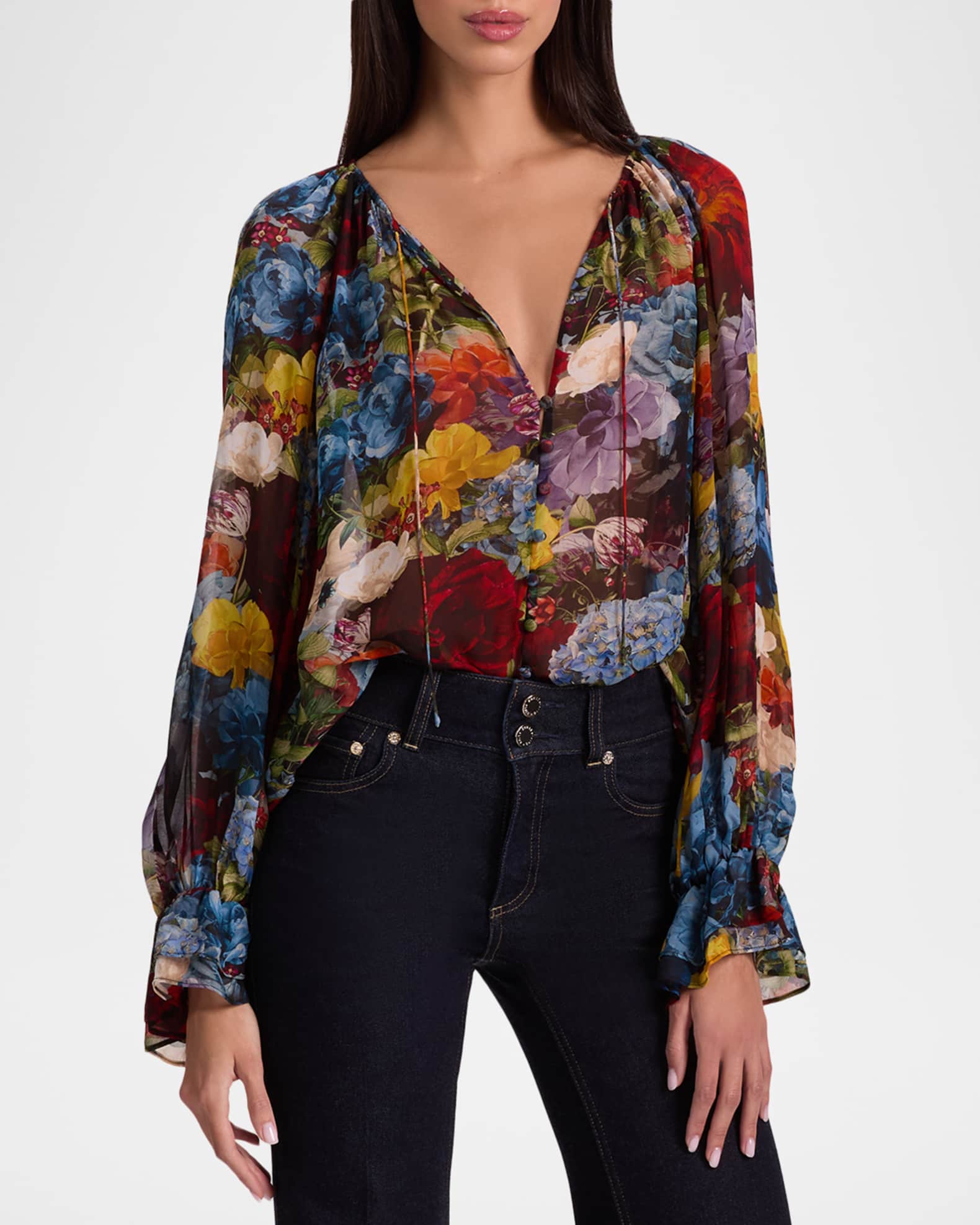 Alice + Olivia Flourish Josephine Split-Neck Blouse | Neiman Marcus