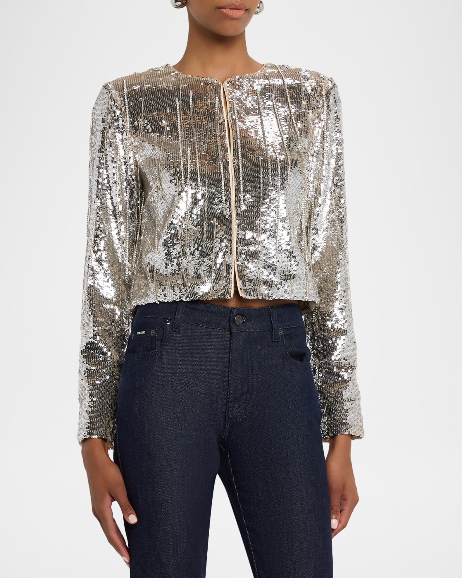 Ramy Brook Sapphire Cropped Sequin Jacket | Neiman Marcus