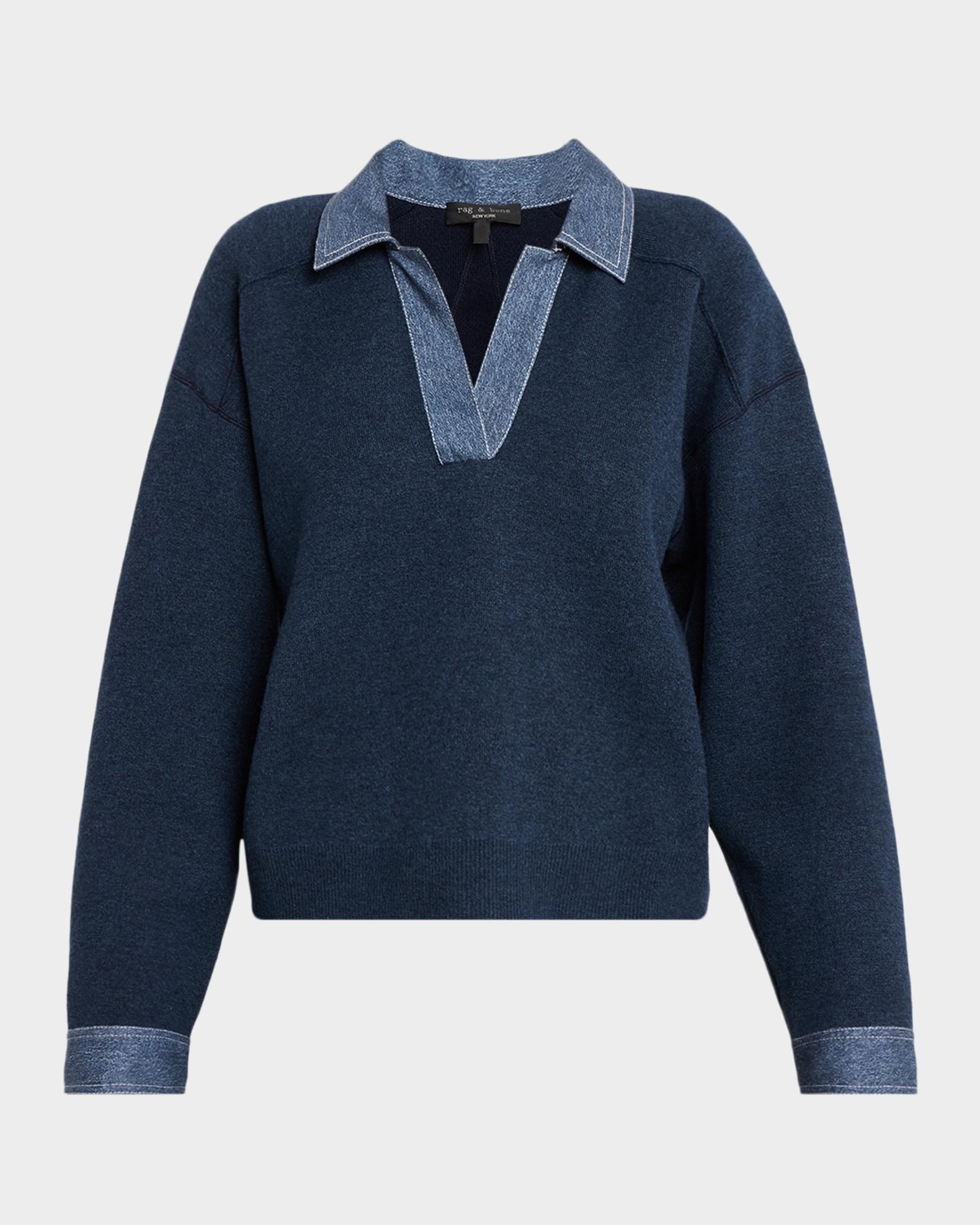 Rag & Bone Marie Denim-Trim Polo Sweater