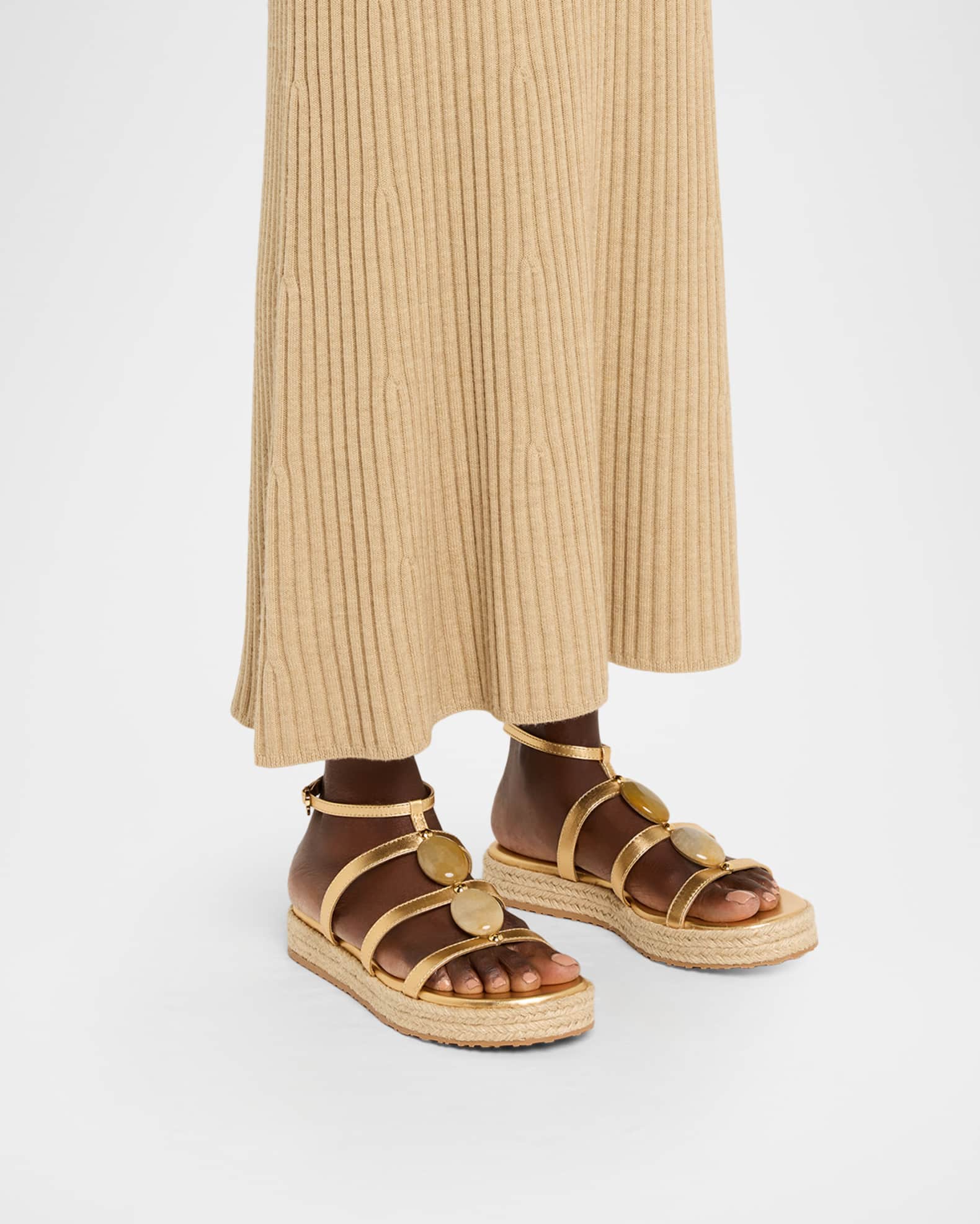 Gianvito Rossi Stone Metallic Leather Espadrille Gladiator Sandals