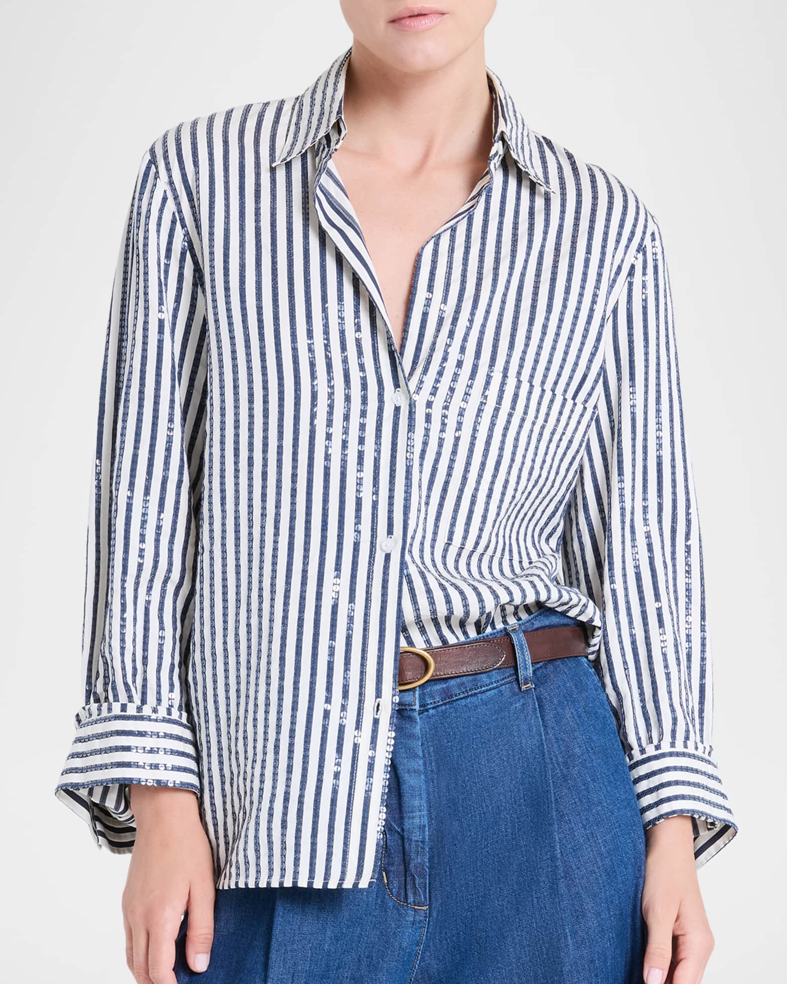 TWP Next Morning Sequined Stripe Button-Front Shirt | Neiman Marcus