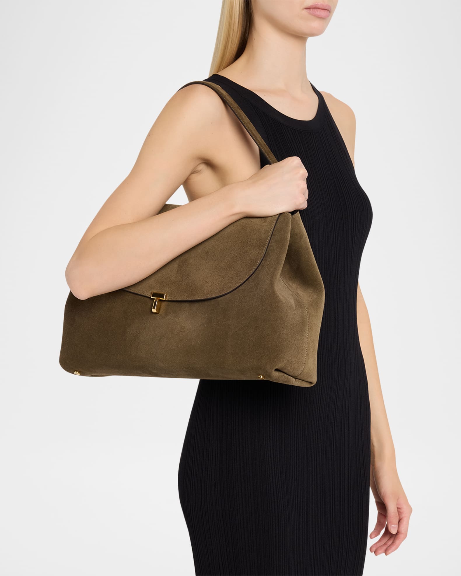Toteme T-Lock Suede Shoulder Bag | Neiman Marcus