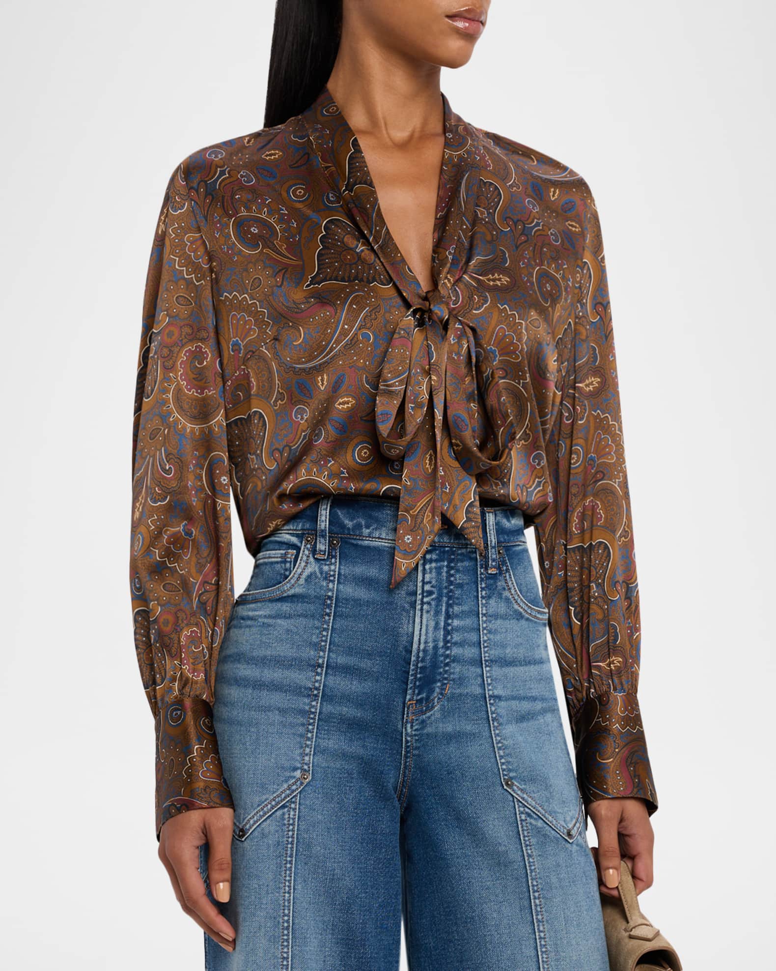 Veronica Beard Francine Paisley Silk Tie-Neck Blouse | Neiman Marcus