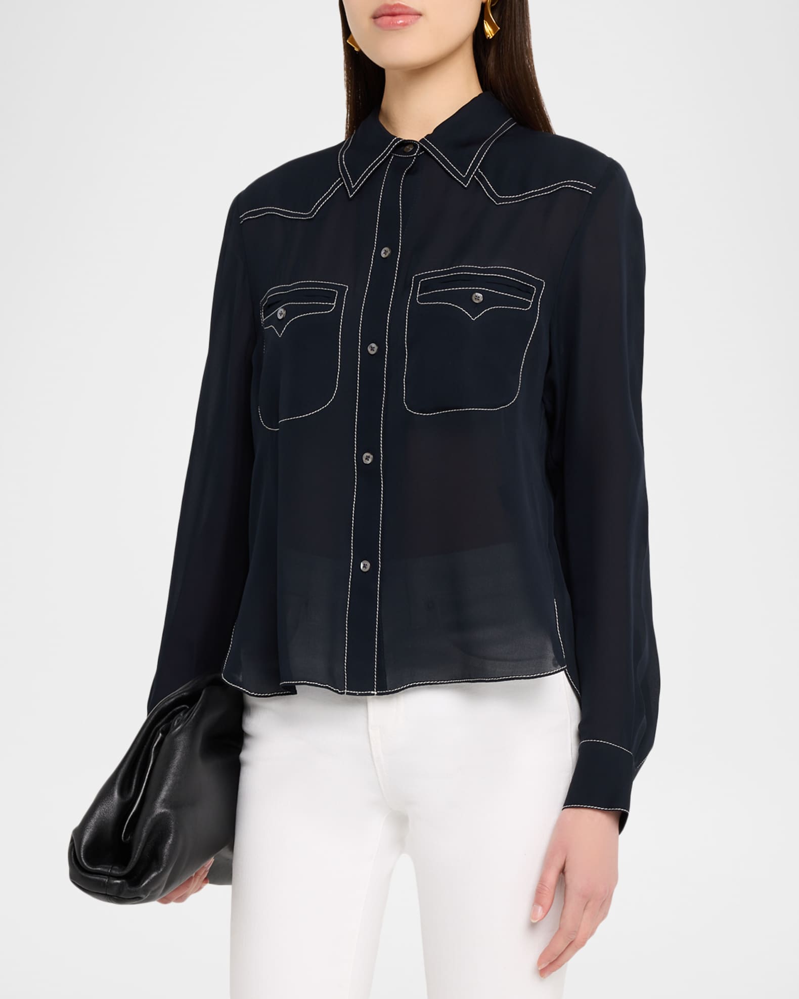 TWP Carter Shirt with Topstitching in Silk Georgette | Neiman Marcus