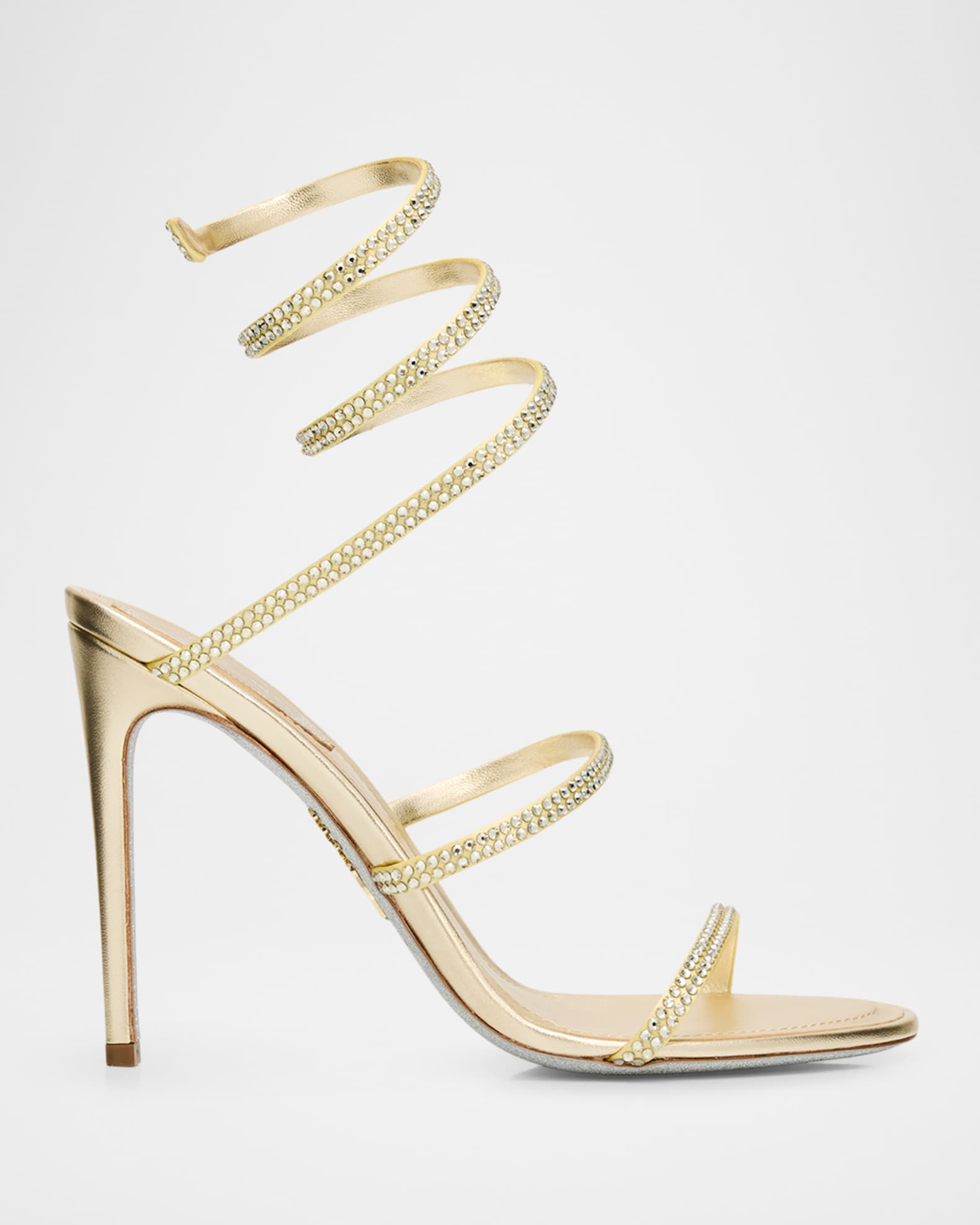 Rene Caovilla 105mm Cleo Crystal Satin Snake-Wrap Sandals | Neiman
