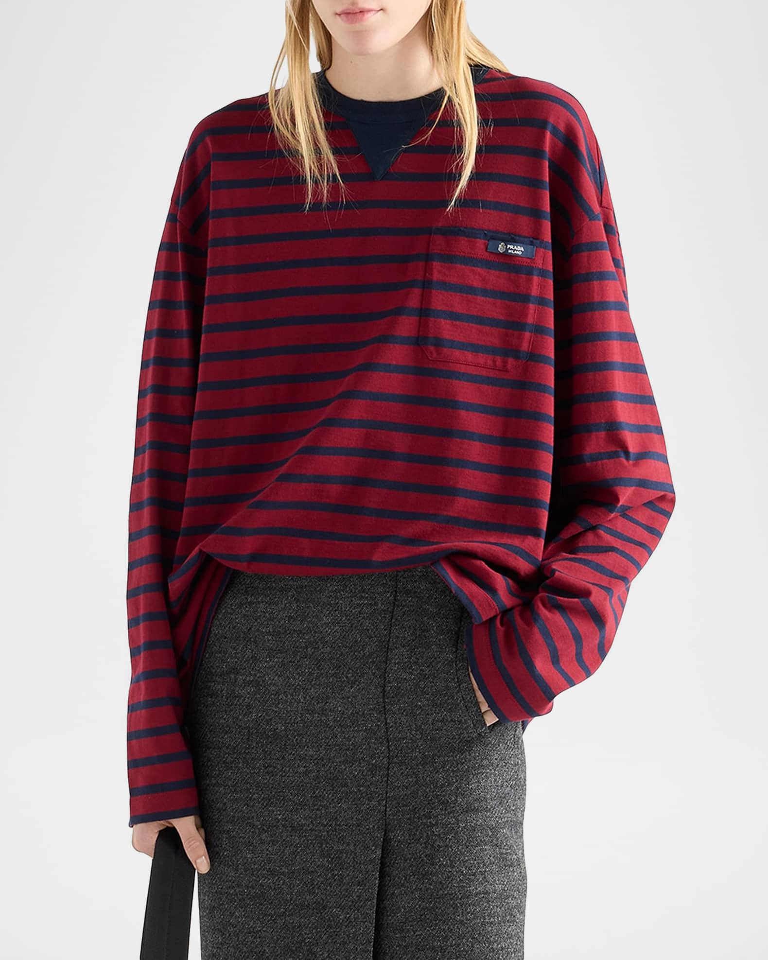 Prada Long-Sleeve Striped Jersey T-Shirt | Neiman Marcus