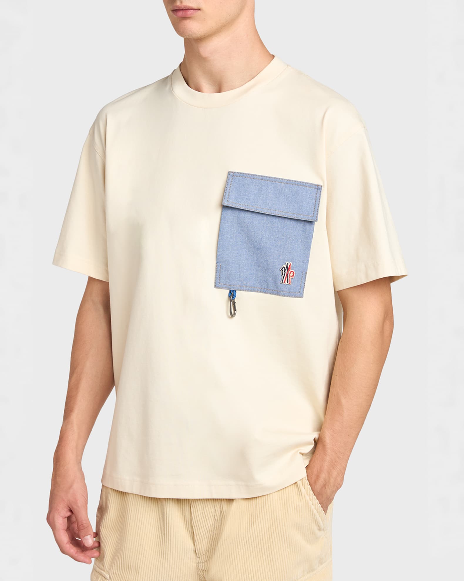Moncler Grenoble Men's Denim Pocket Cotton T-Shirt with Clip