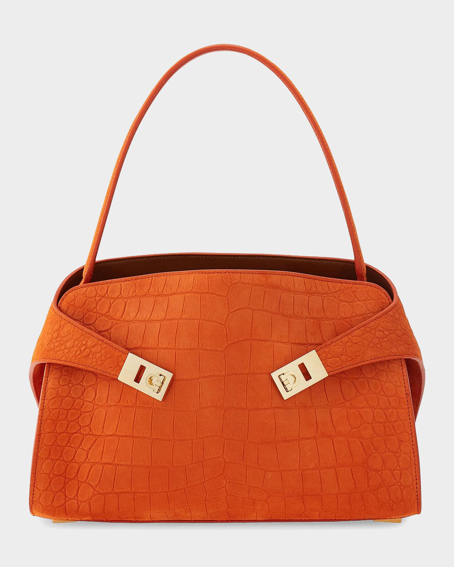 FERRAGAMO Hug Soft Suede Alligator-Effect Shoulder Bag | Neiman Marcus