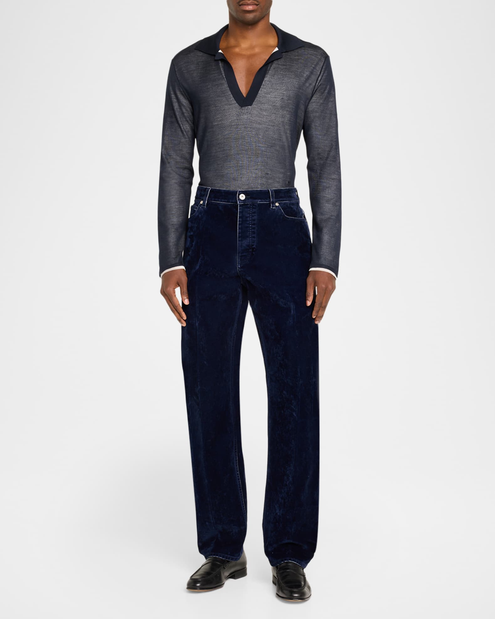 Ferragamo Men's Tipped Long-Sleeve Silk Knit Polo Shirt | Neiman