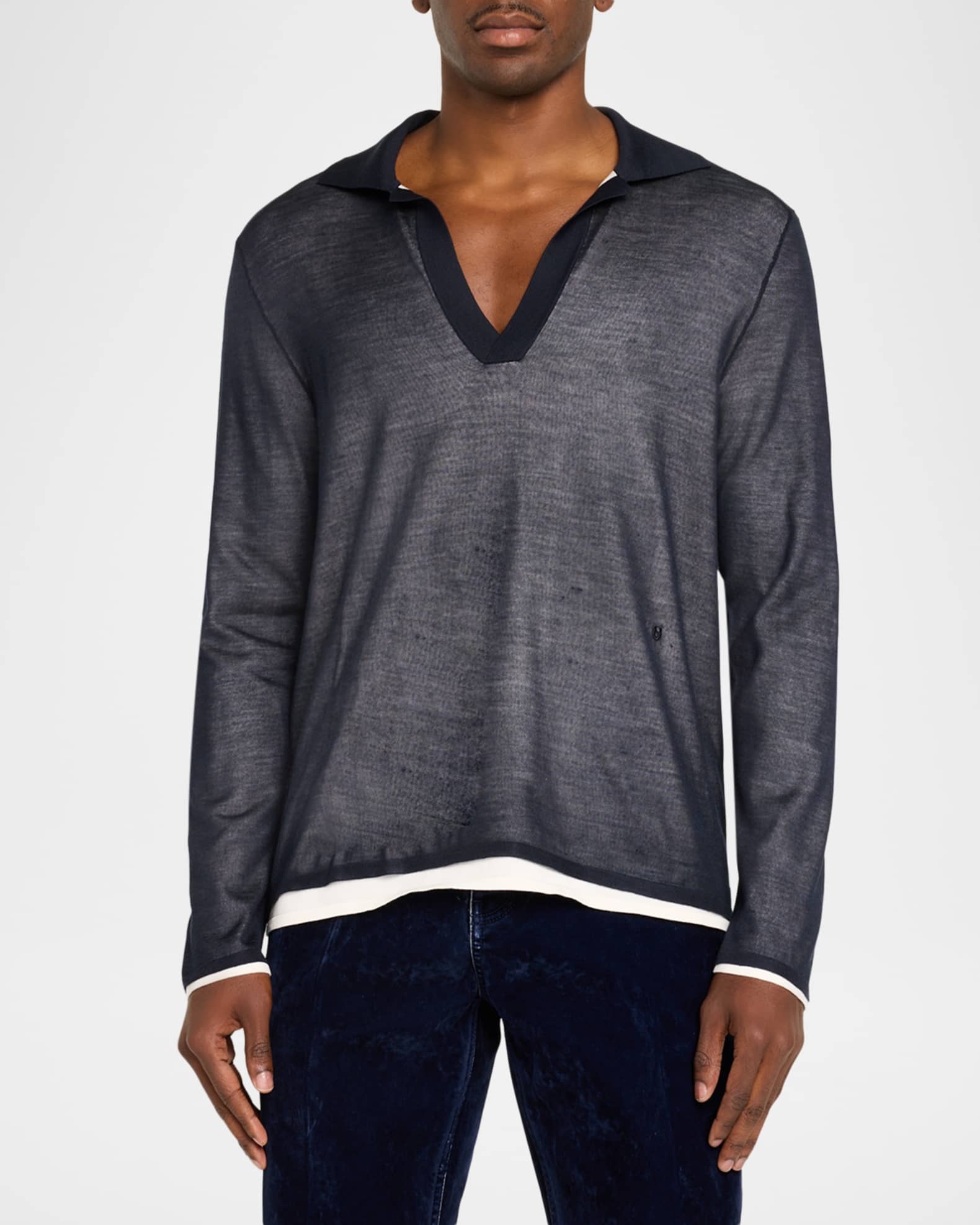 Ferragamo Men's Tipped Long-Sleeve Silk Knit Polo Shirt | Neiman