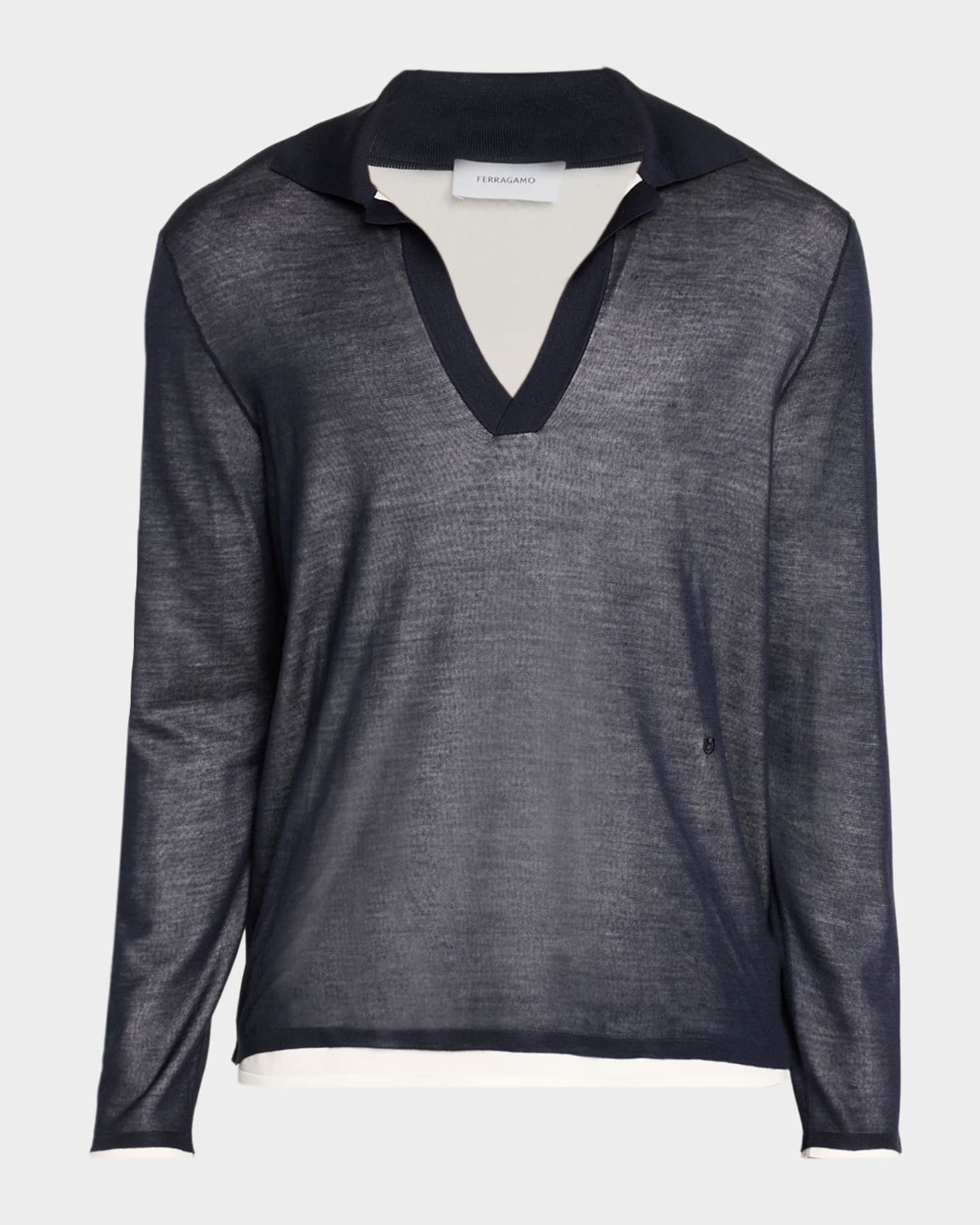 Ferragamo Men's Tipped Long-Sleeve Silk Knit Polo Shirt | Neiman