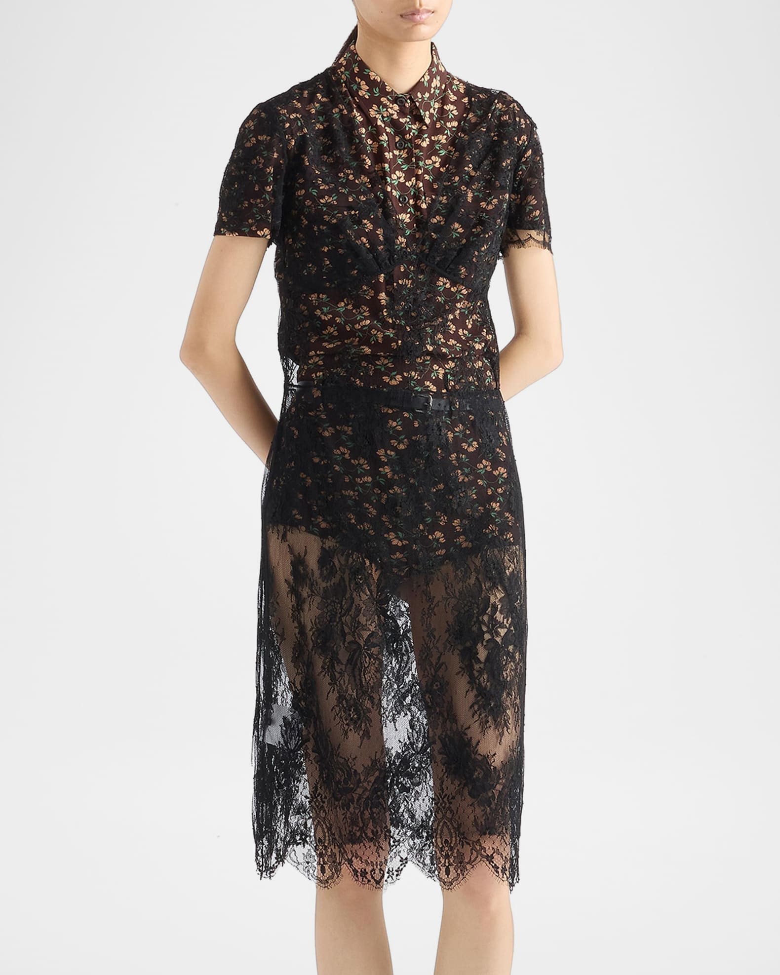 Prada V-Neck Short-Sleeve Lace Midi Dress | Neiman Marcus