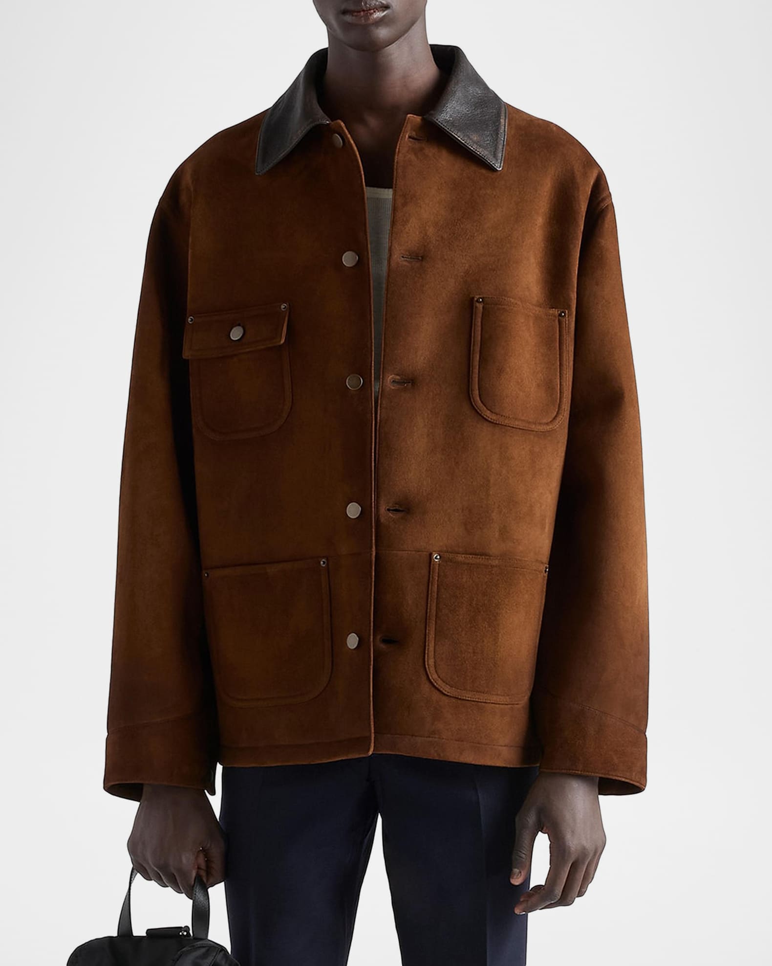 Prada Men's Suede Leather-Collar Caban Jacket | Neiman Marcus