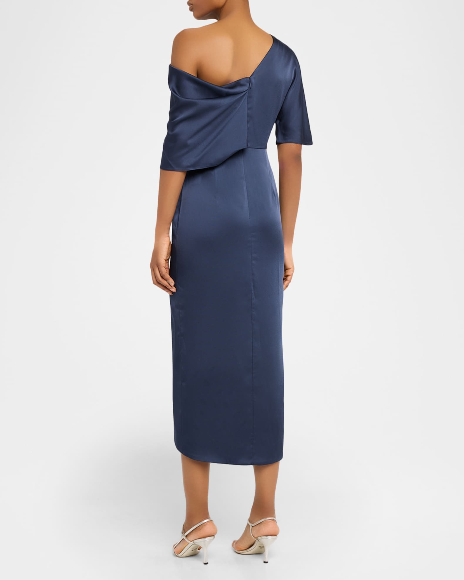 Theia Rayna Draped One-Shoulder Satin Midi Dress | Neiman Marcus