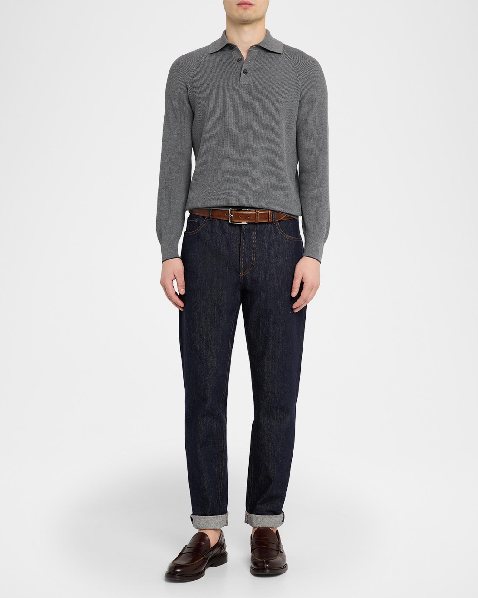 Brunello Cucinelli Men's Cotton English Rib Knit Polo Sweater