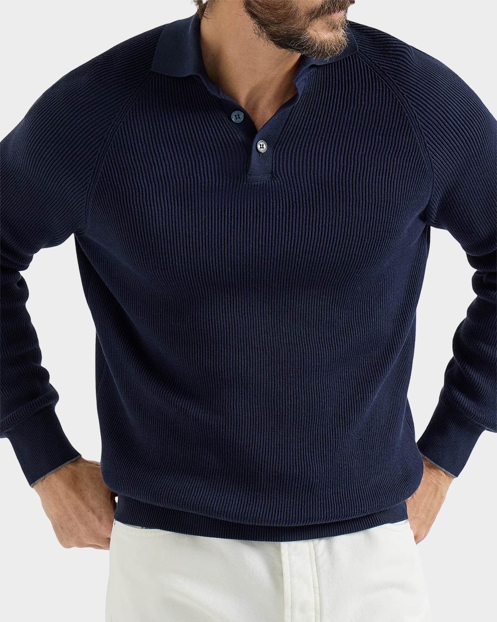 Brunello Cucinelli Men's Cotton English Rib Knit Polo Sweater