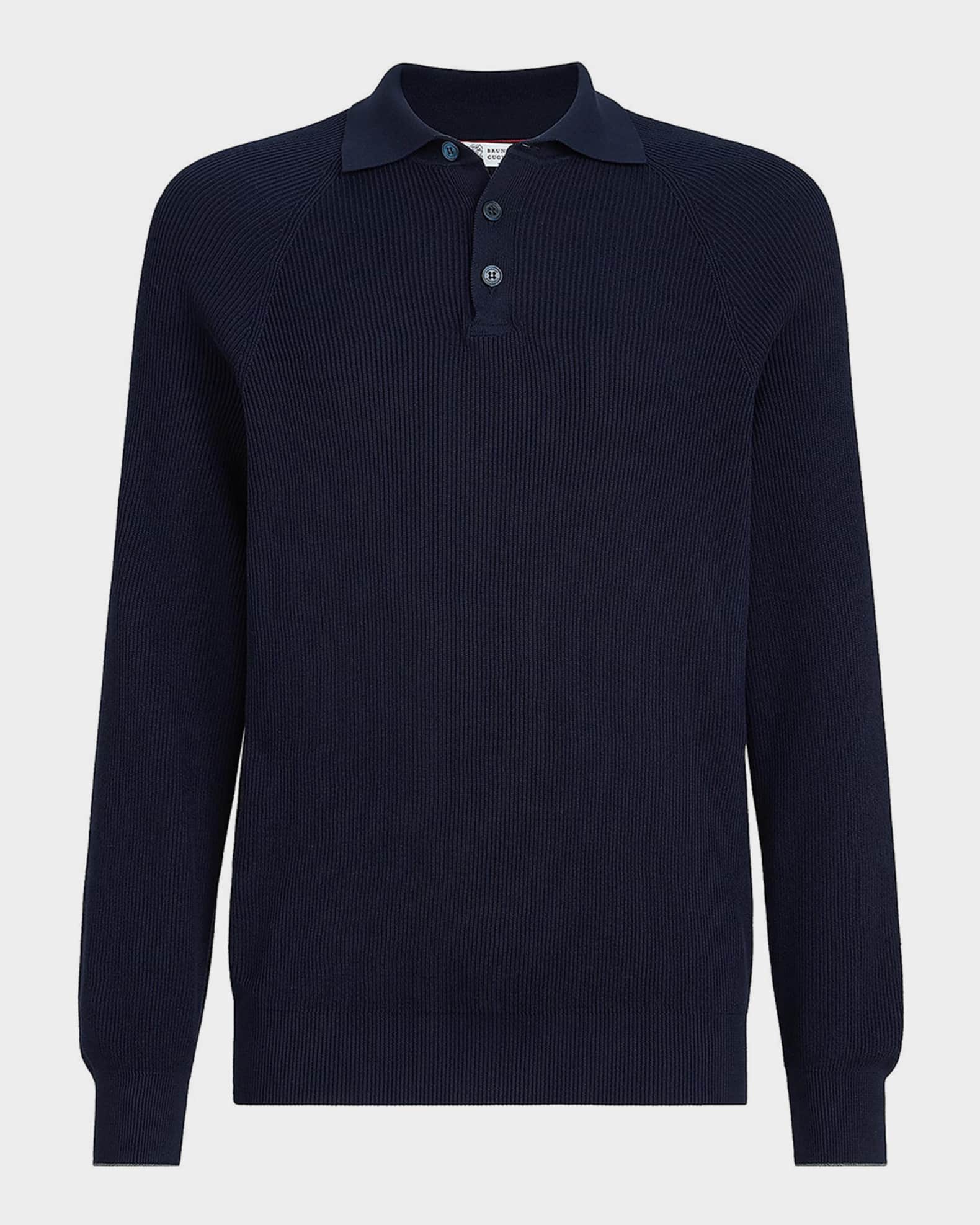 Brunello Cucinelli Men's Cotton English Rib Knit Polo Sweater