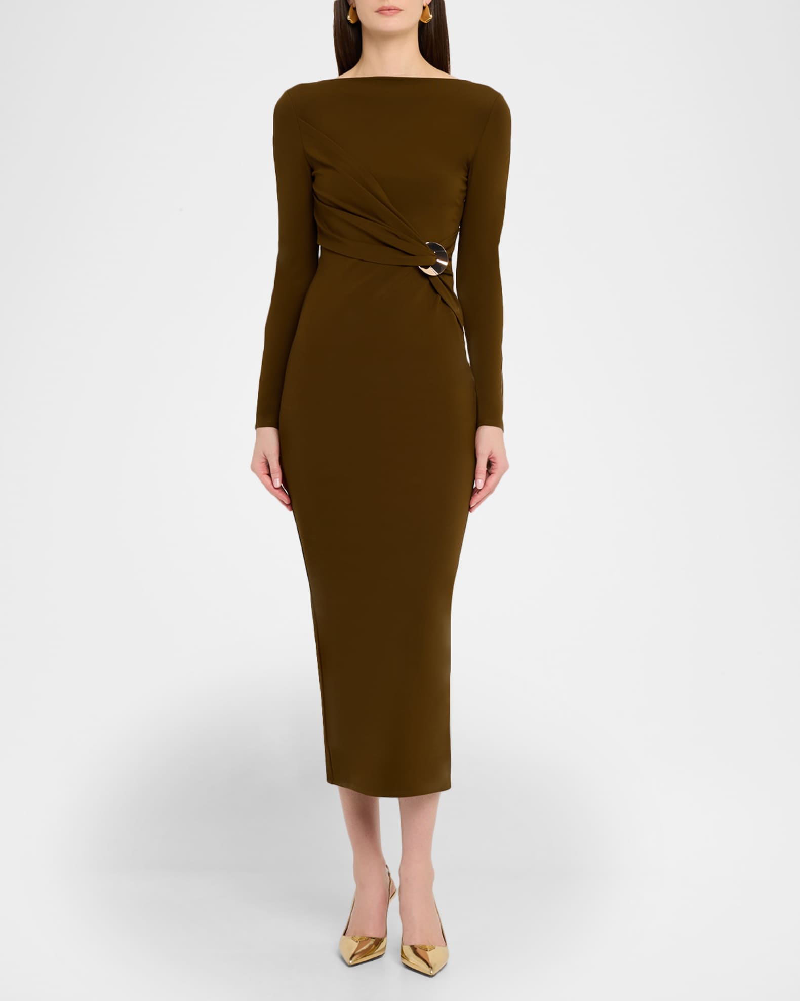 Roland Mouret Twisted Drape Long-Sleeve Midi Dress, Khaki, Women's, 4UK, Cocktail & Party Wedding Guest Dresses Long-Sleeve Dresses