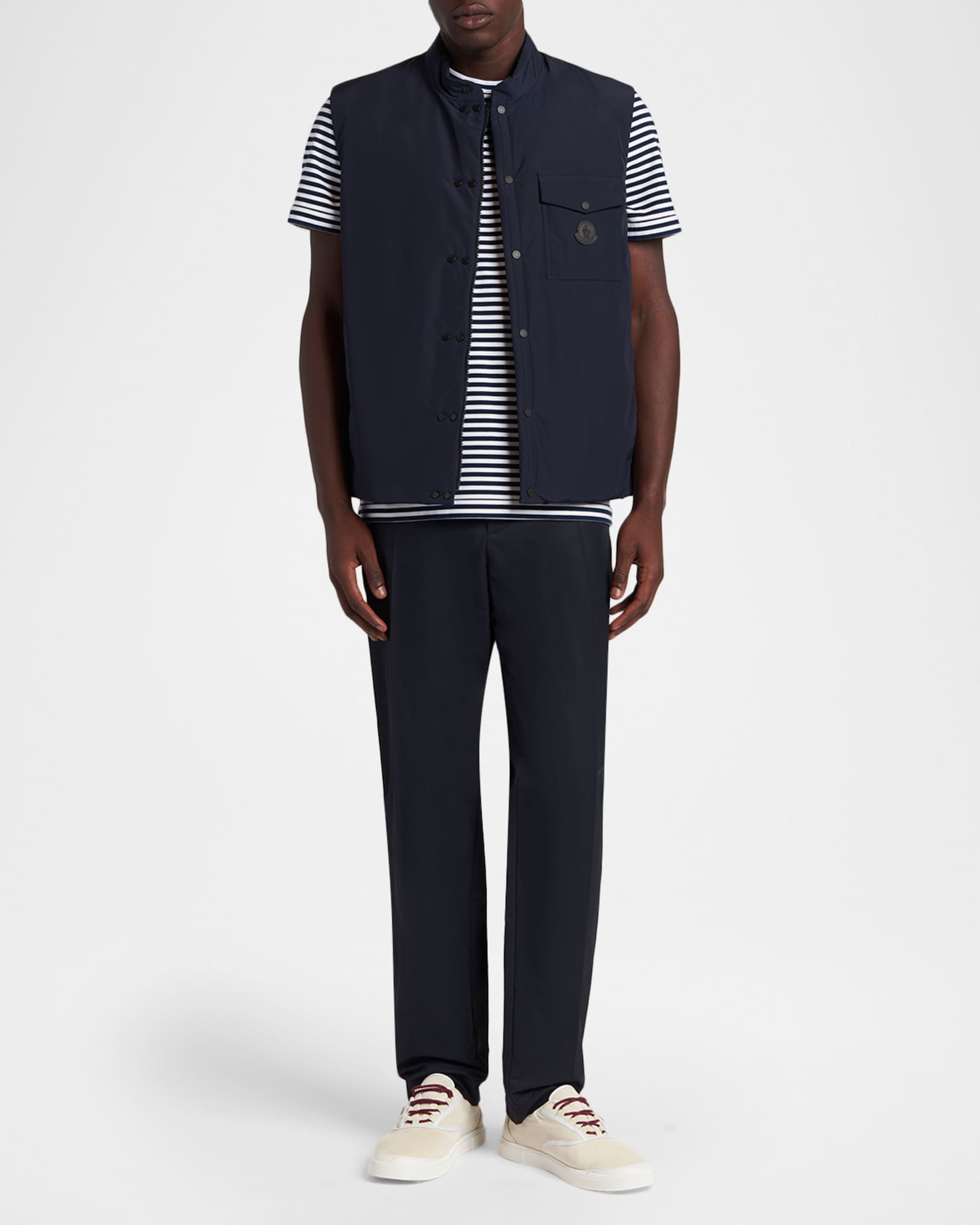 Moncler Men's Stripe Leather-Trim Pocket T-Shirt | Neiman Marcus