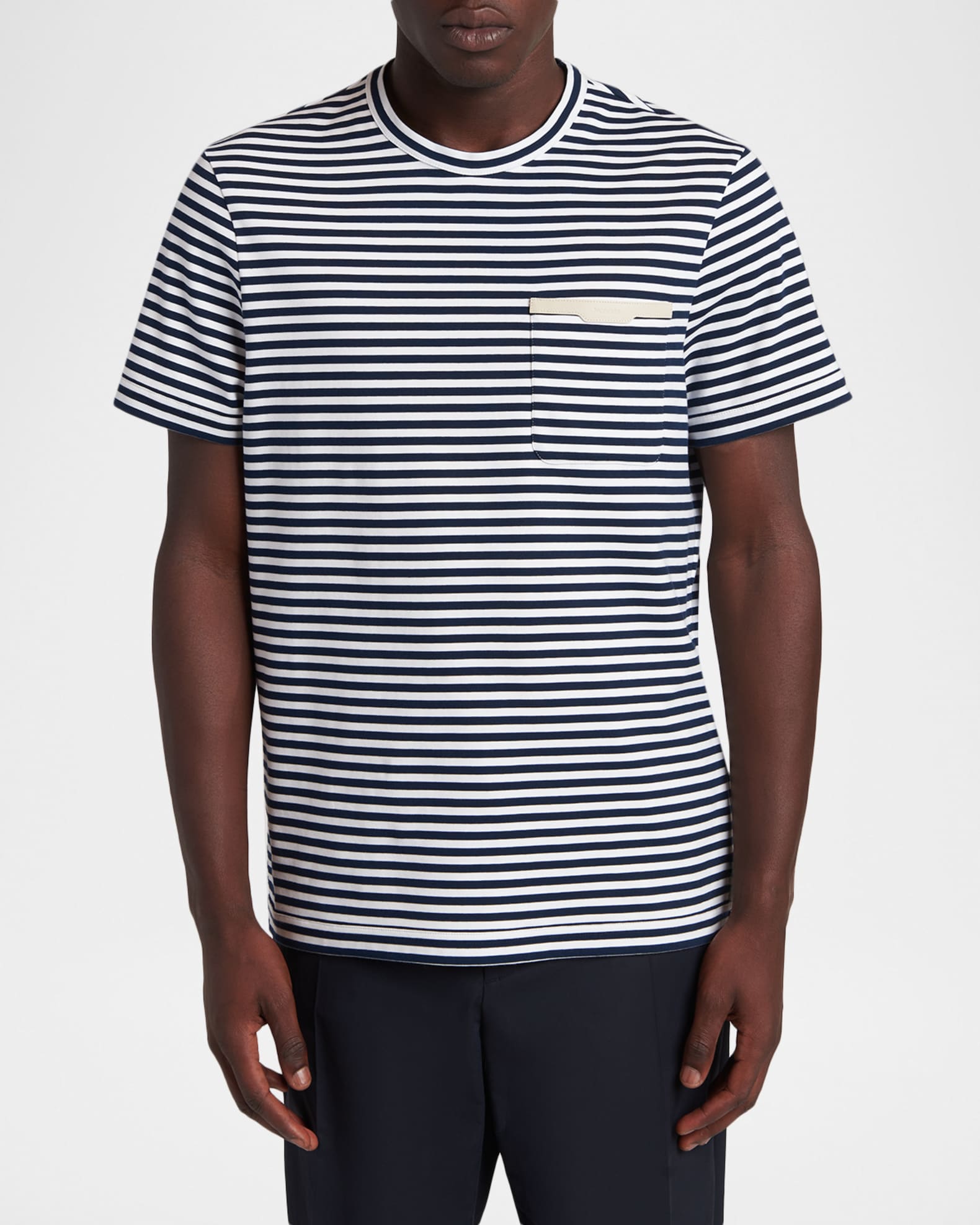 Moncler Men's Stripe Leather-Trim Pocket T-Shirt | Neiman Marcus